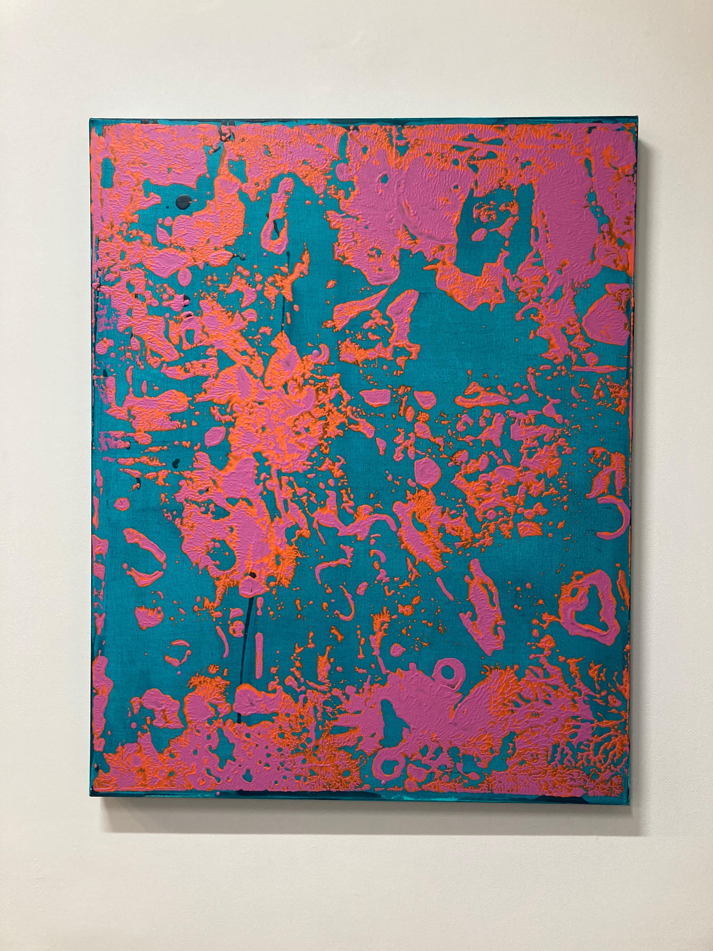 P18-0440 is a vertical abstract painting by Stephen Maine in bright hues of vibrant pink with bright orange details on a teal blue green background. This striking painting conveys movement and the suggestion of texture in the application of the