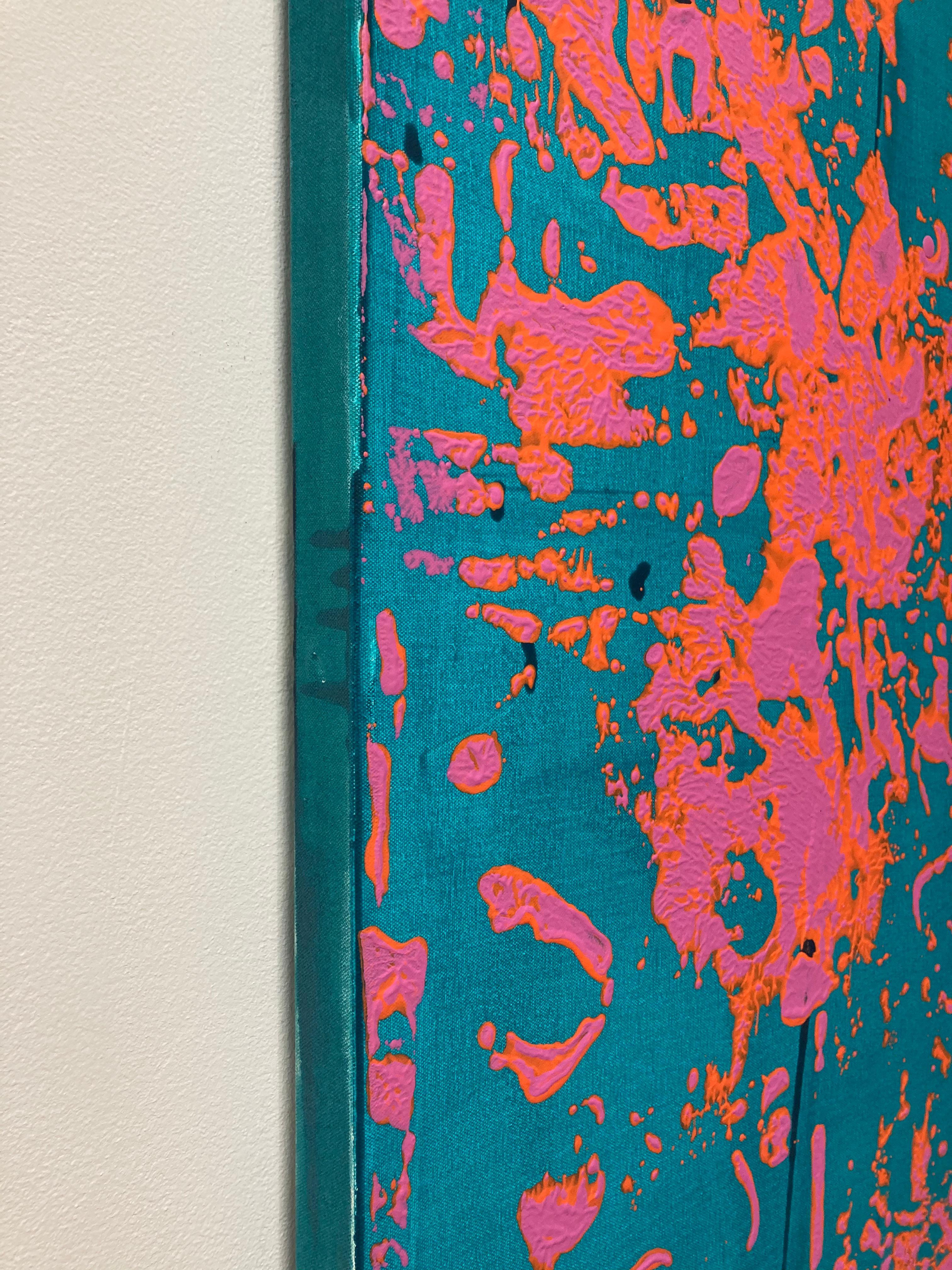 P18-0440, Vertical Abstract Painting, Teal Blue Green, Bright Pink, Orange 4