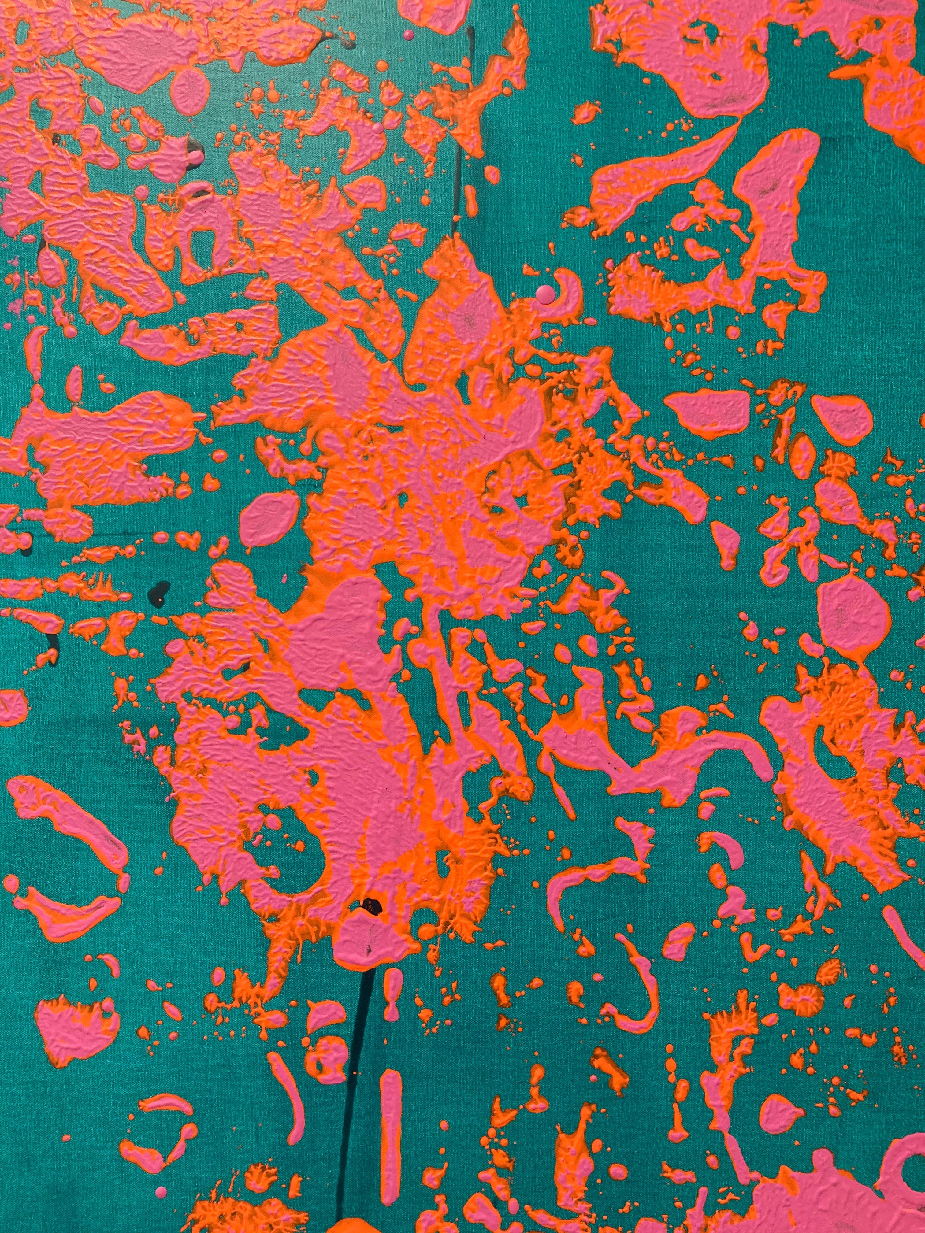 P18-0440, Vertical Abstract Painting, Teal Blue Green, Bright Pink, Orange 5