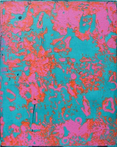 P18-0440, Vertical Abstract Painting, Teal Blue Green, Bright Pink, Orange