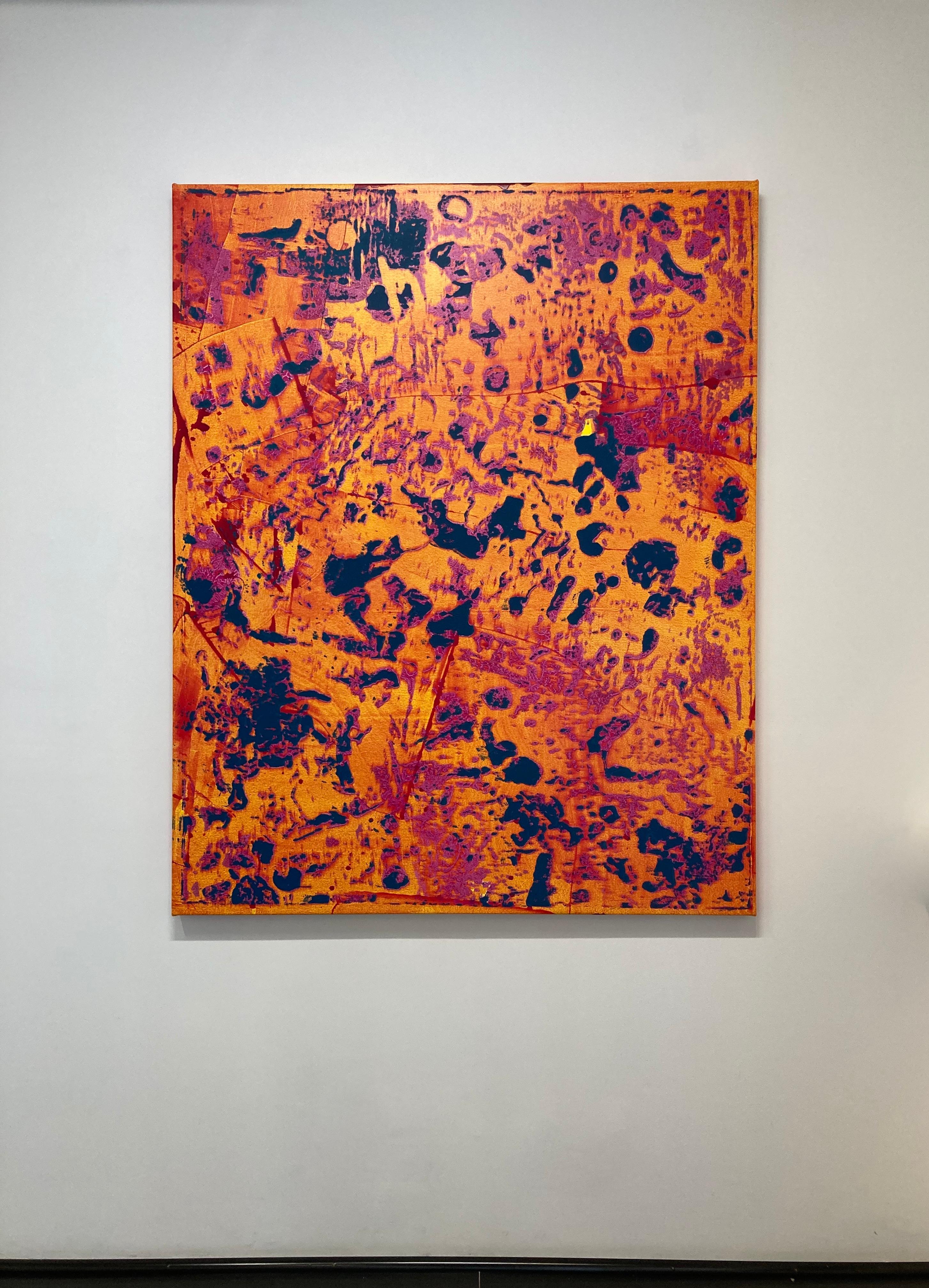 Großes vertikales abstraktes Gemälde in leuchtendem Orange, Gelb, Rosa und Marineblau, P20-0105 – Painting von Stephen Maine