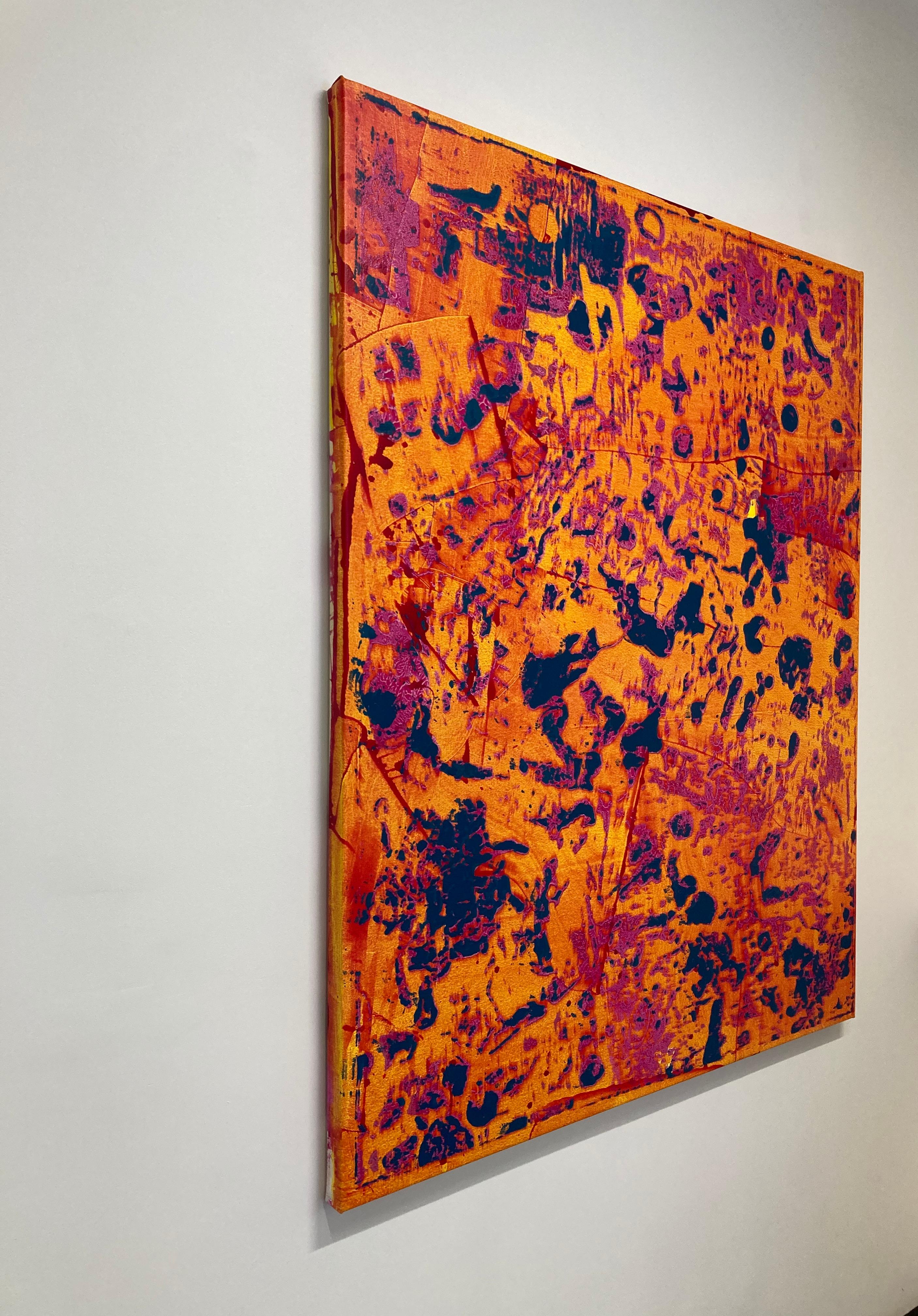 Großes vertikales abstraktes Gemälde in leuchtendem Orange, Gelb, Rosa und Marineblau, P20-0105 (Rot), Abstract Painting, von Stephen Maine