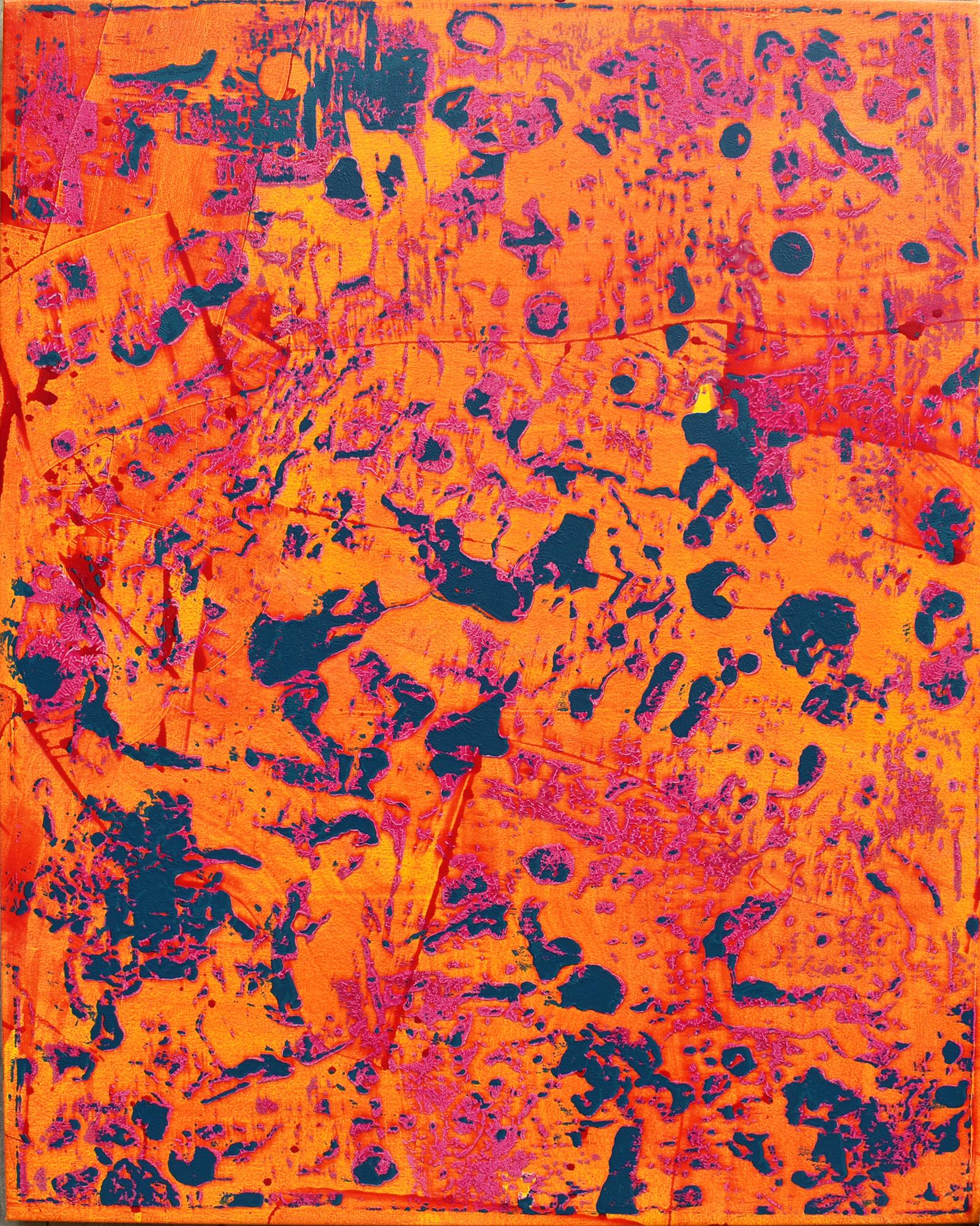 Stephen Maine Abstract Painting – Großes vertikales abstraktes Gemälde in leuchtendem Orange, Gelb, Rosa und Marineblau, P20-0105
