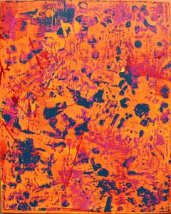 Großes vertikales abstraktes Gemälde in leuchtendem Orange, Gelb, Rosa und Marineblau, P20-0105