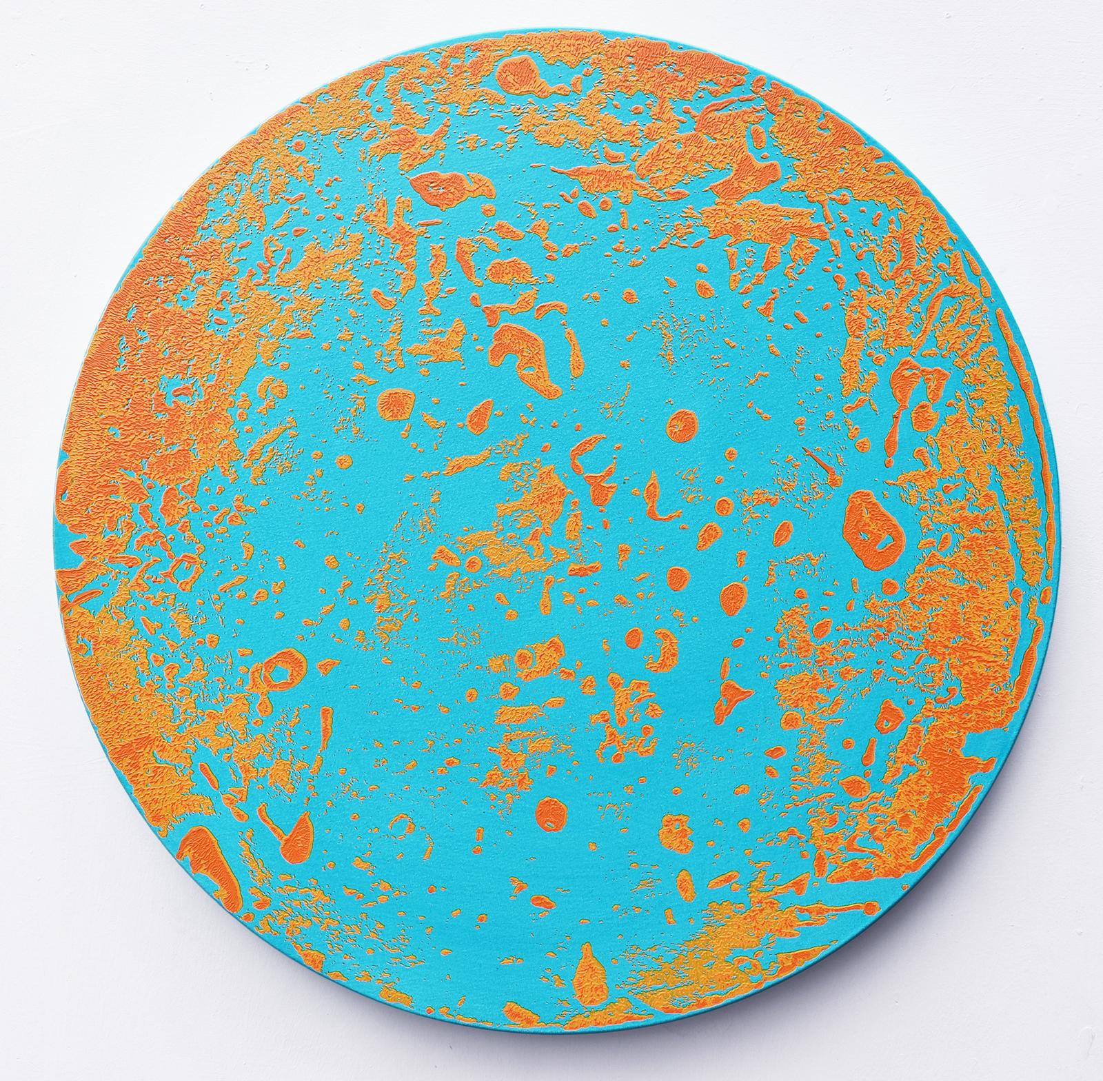 P20-0604, Circular Abstract Painting Bright Turquoise Blue, Yellow Orange