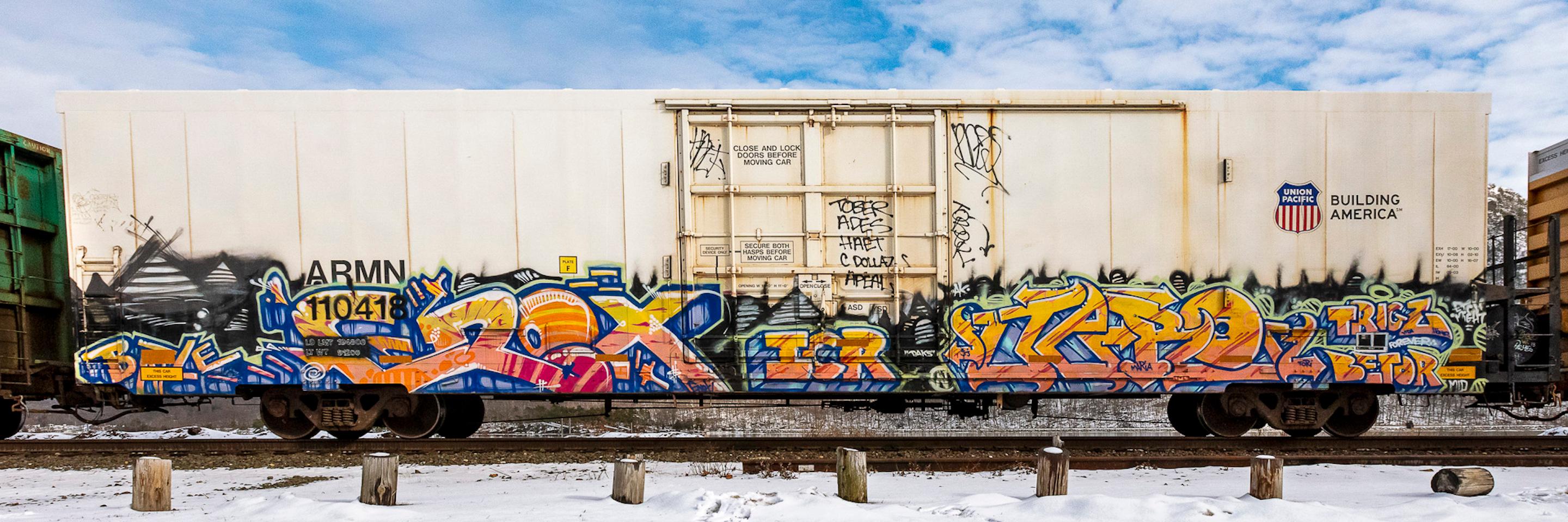 Stephen Mallon Color Photograph - "Armn 110418" Graffiti painted railroad train car, limited edition photo 10"x30"