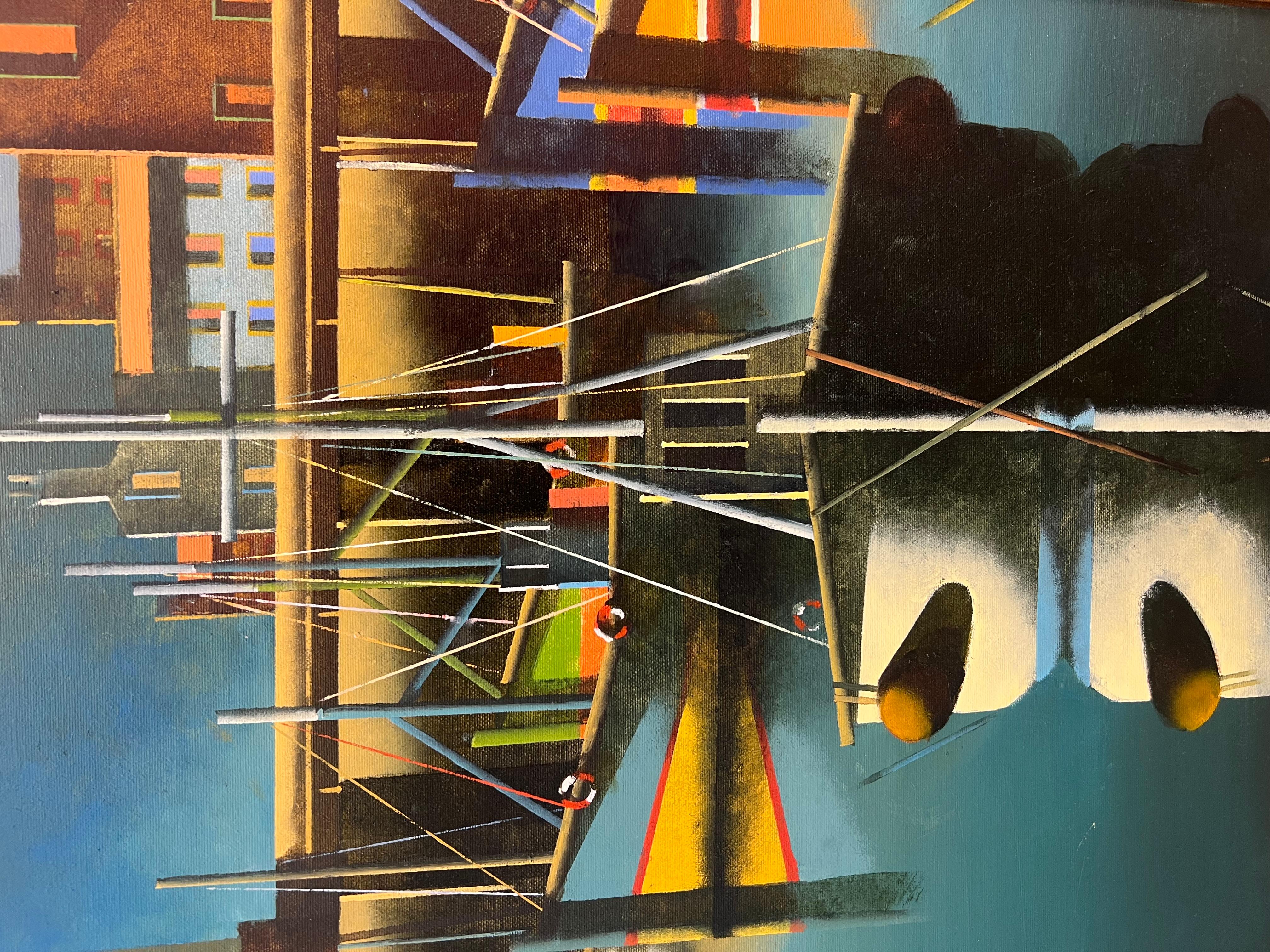 Boats at Harbour - Black Landscape Painting by Stephen Mangan
