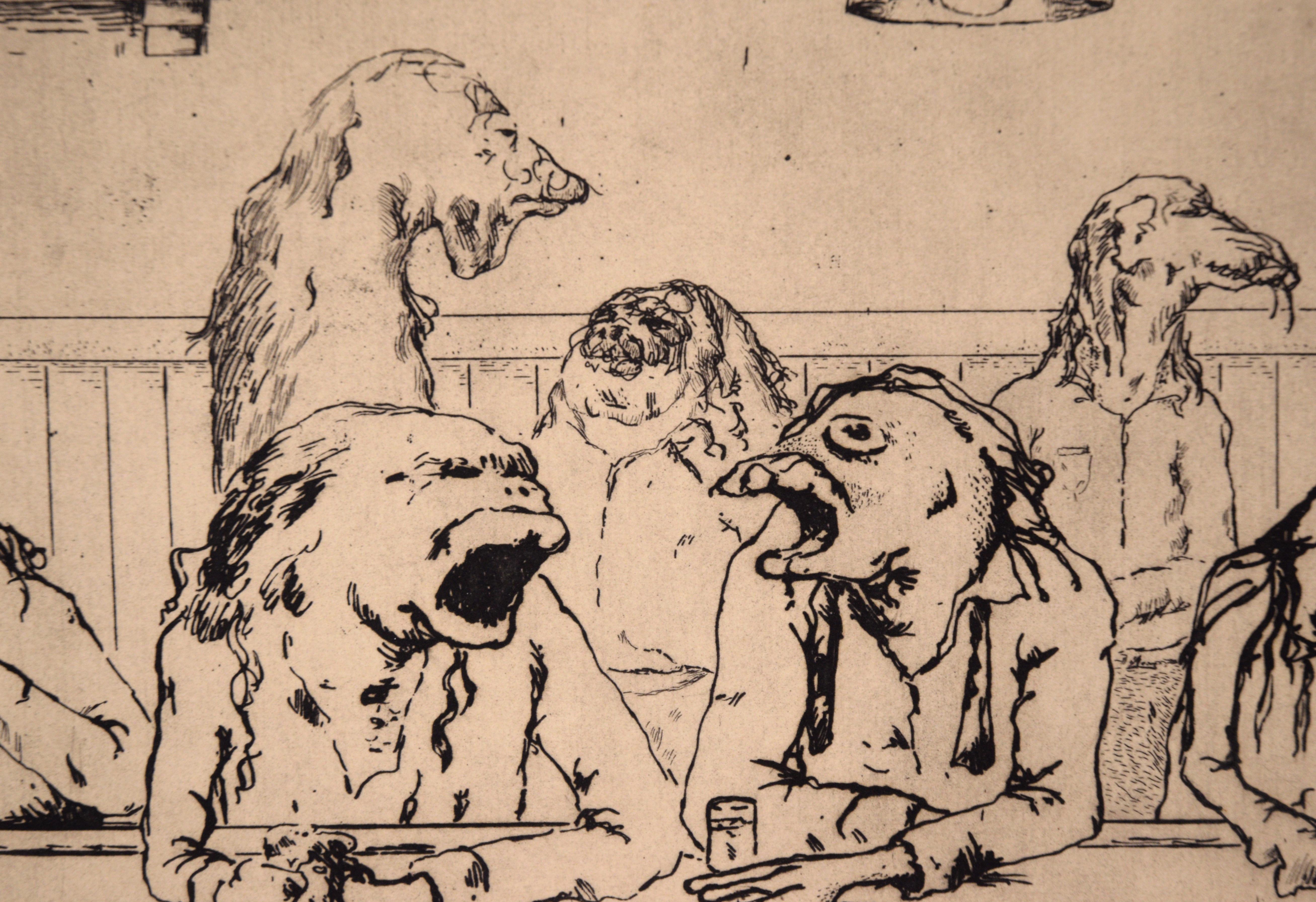 Animaux anthropomorphes modernistes des années 1970 dans un bar par Stephen Martin (Américain, 20e siècle). Plusieurs animaux sont assis à un bar, avec quelques animaux en arrière-plan derrière eux. Les deux principaux animaux au centre de la