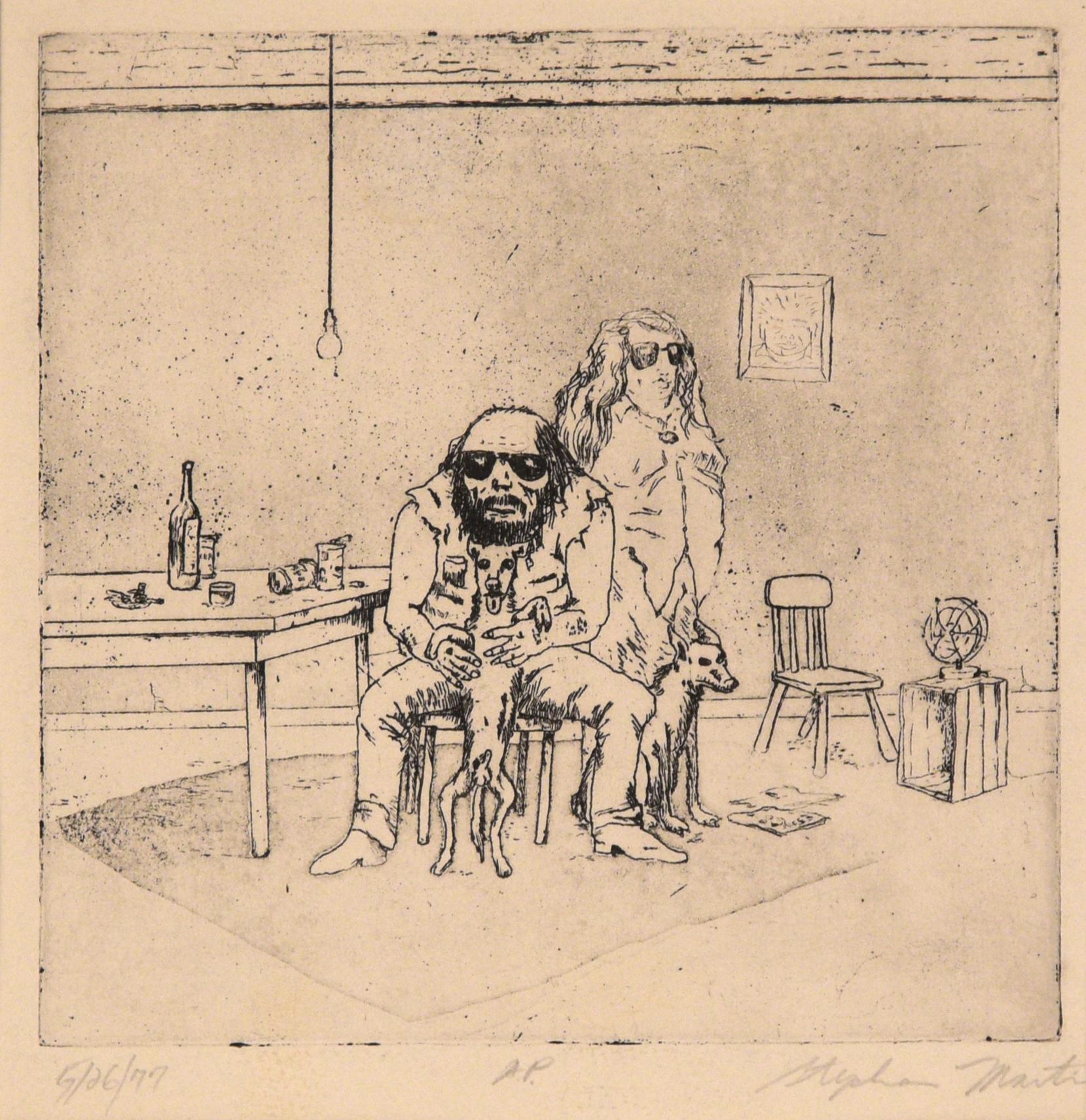 Gravure d'intérieur figurative des années 1970, portrait d'un couple avec des chiens - Print de Stephen Martin