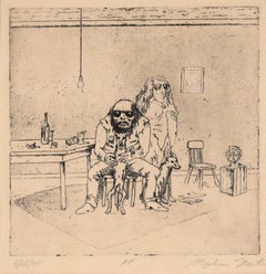 1970's Figurative Home Interior Etching, Portrait of a Couple with Dogs