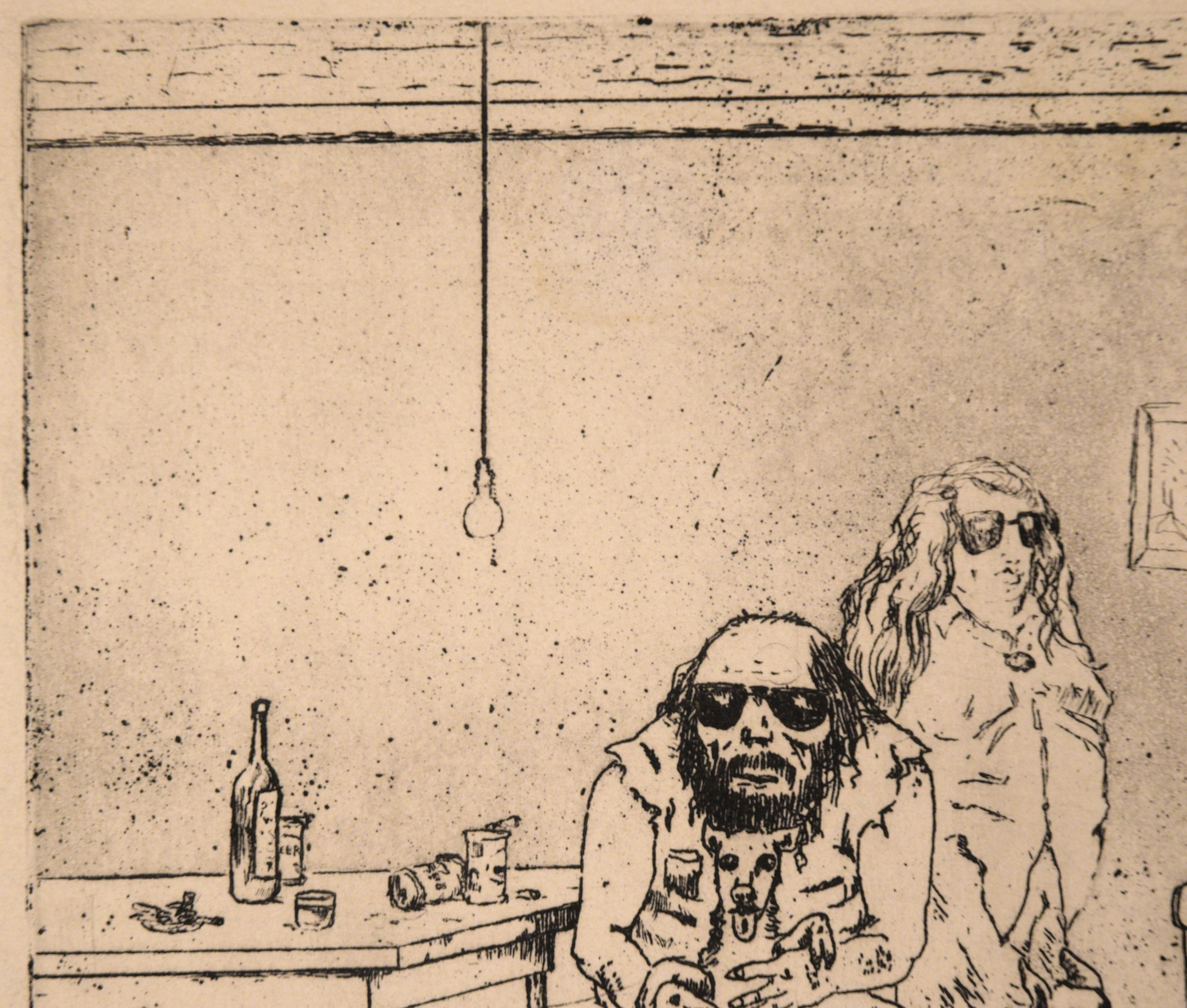 1970's Grabado figurativo de interior de casa, Retrato de una pareja con perros - Print Contemporáneo de Stephen Martin