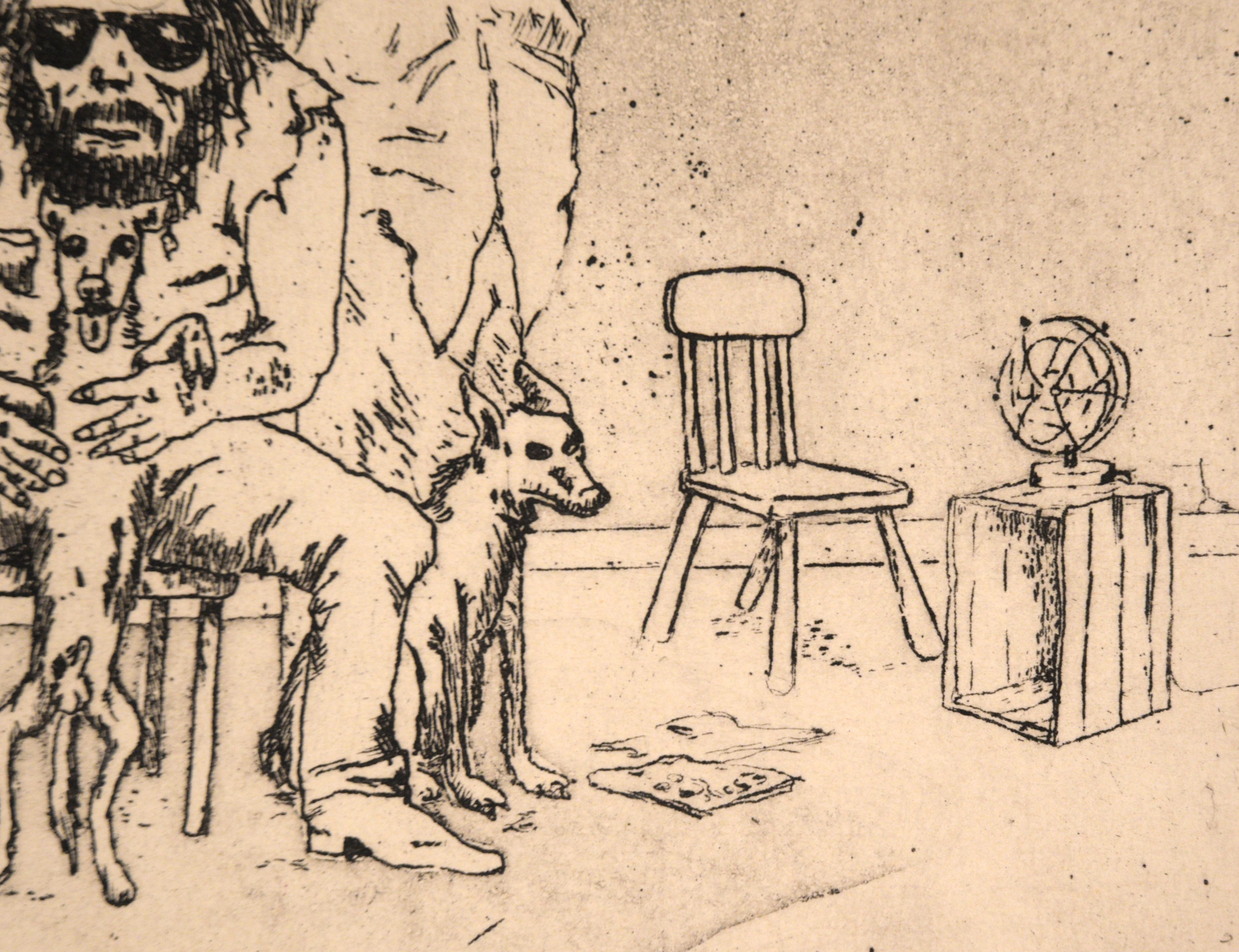 gravure moderniste des années 1970 représentant un homme et une femme à la maison avec leurs chiens, réalisée par Stephen Martin (américain, 20e siècle). Le couple énigmatique porte tous deux des lunettes de soleil à l'intérieur de l'espace