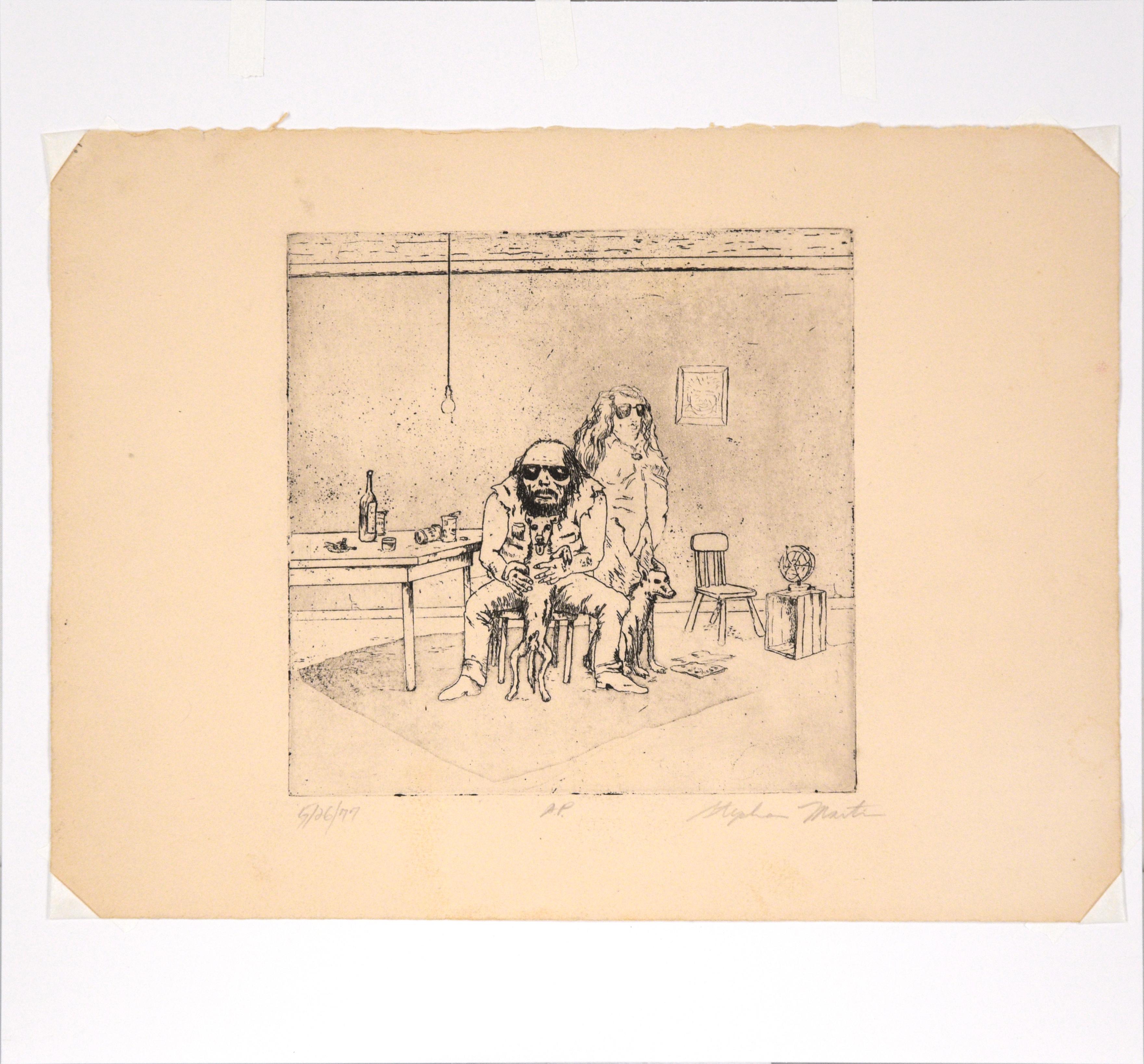 Gravure d'intérieur figurative des années 1970, portrait d'un couple avec des chiens en vente 3