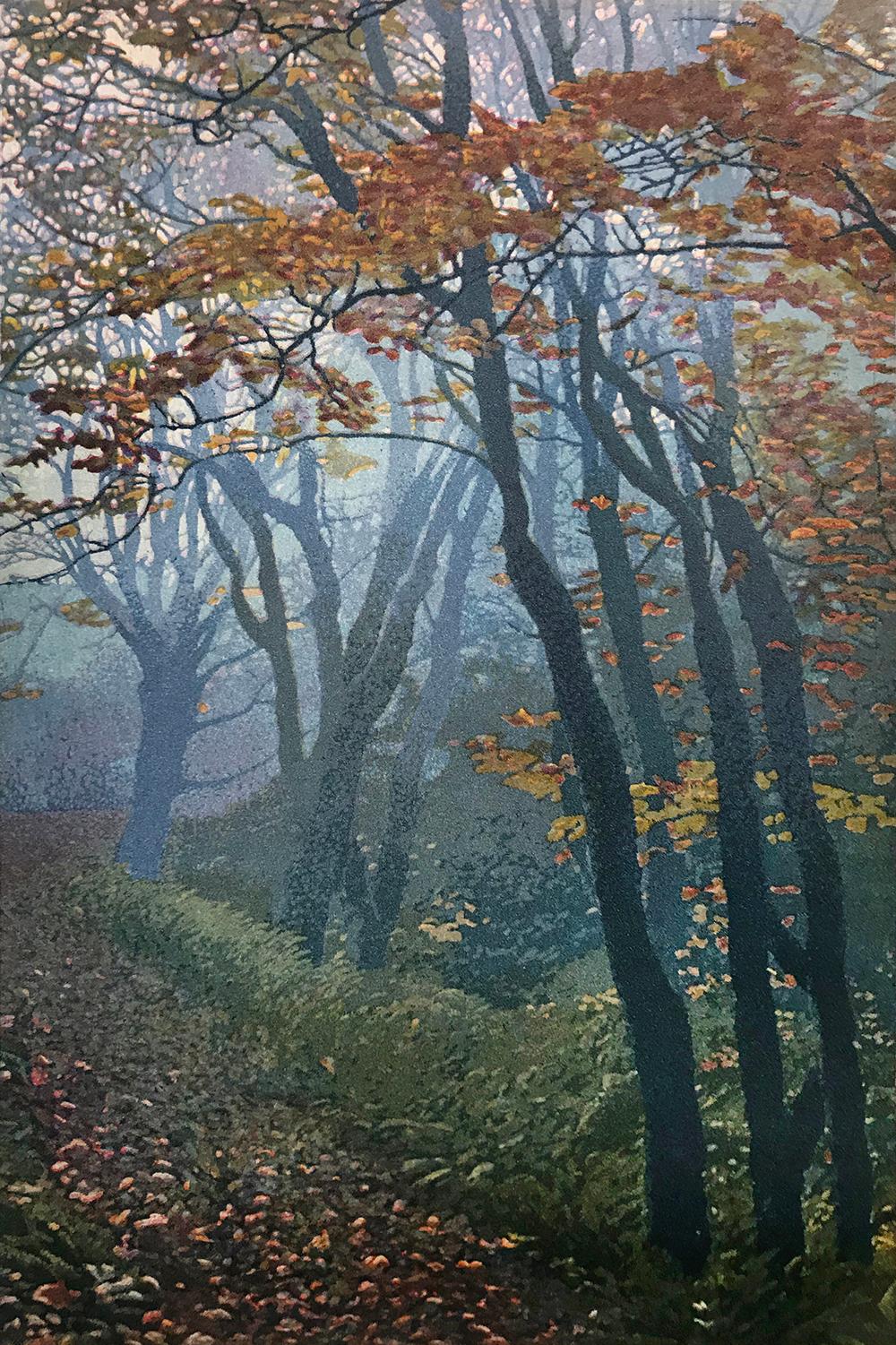 Signiert, betitelt und nummeriert vom Künstler. 
Medium: Radierung und Aquatinta
Bildgröße:  12 x 9 Zoll
Jahr: 2018

Herbstfarben am Chuckanut Drive, südlich von Bellingham, WA. 

Er wurde am 21. Dezember 1949 in Berkeley, Kalifornien, geboren und