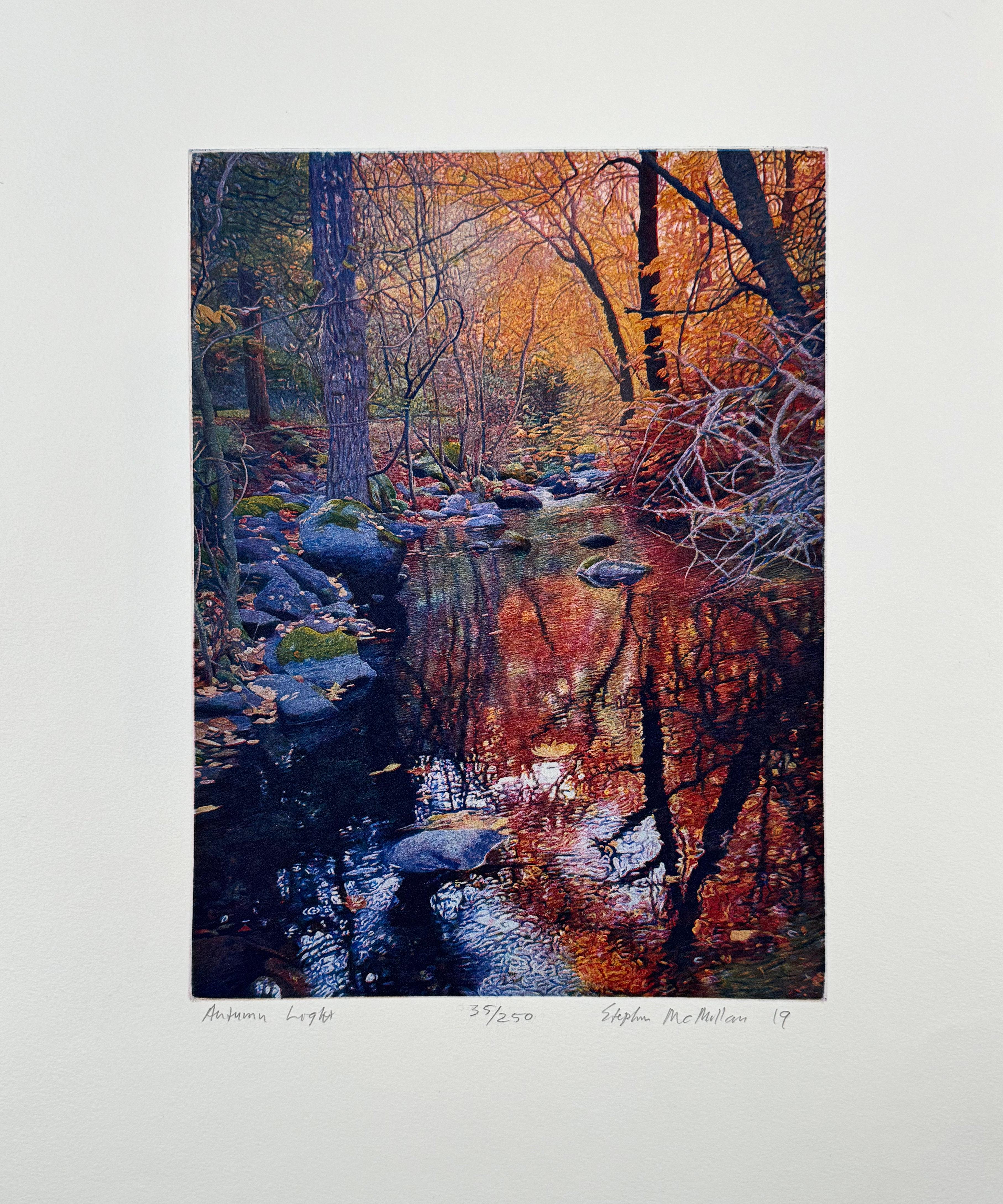 Signed, titled and numbered by the artist. 
Medium: etching and aquatint
Image size:  12 x 9 inches
Year: 2019

Fall colors along Ashland Creek in Lithia Park. 

Born in Berkeley, California, on December 21, 1949, he was raised in a home that had a