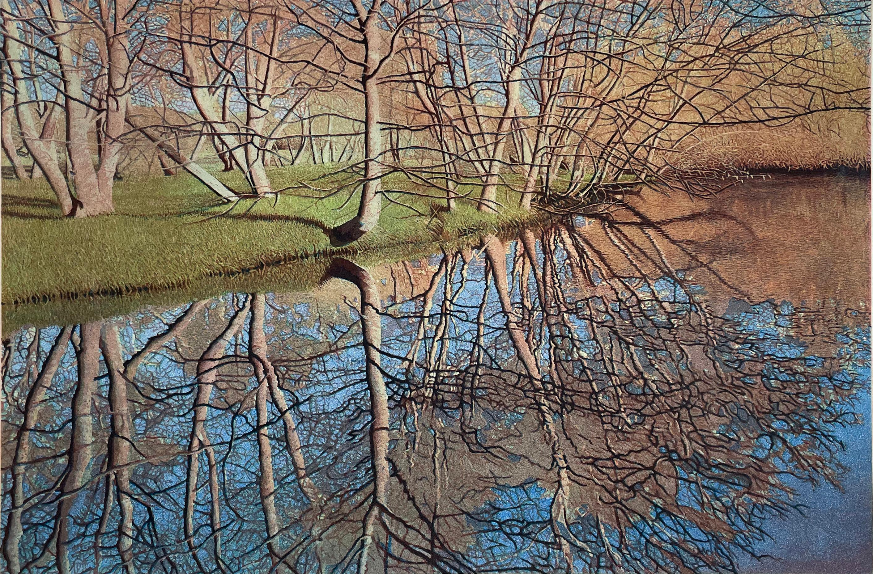 Signed, titled and numbered from the edition of 120.  Alder trees reflect in the waters of Bear Creek in Ashland, Oregon. The first green of spring graces the shore.

Born in Berkeley, California, on December 21, 1949, he was raised in a home that
