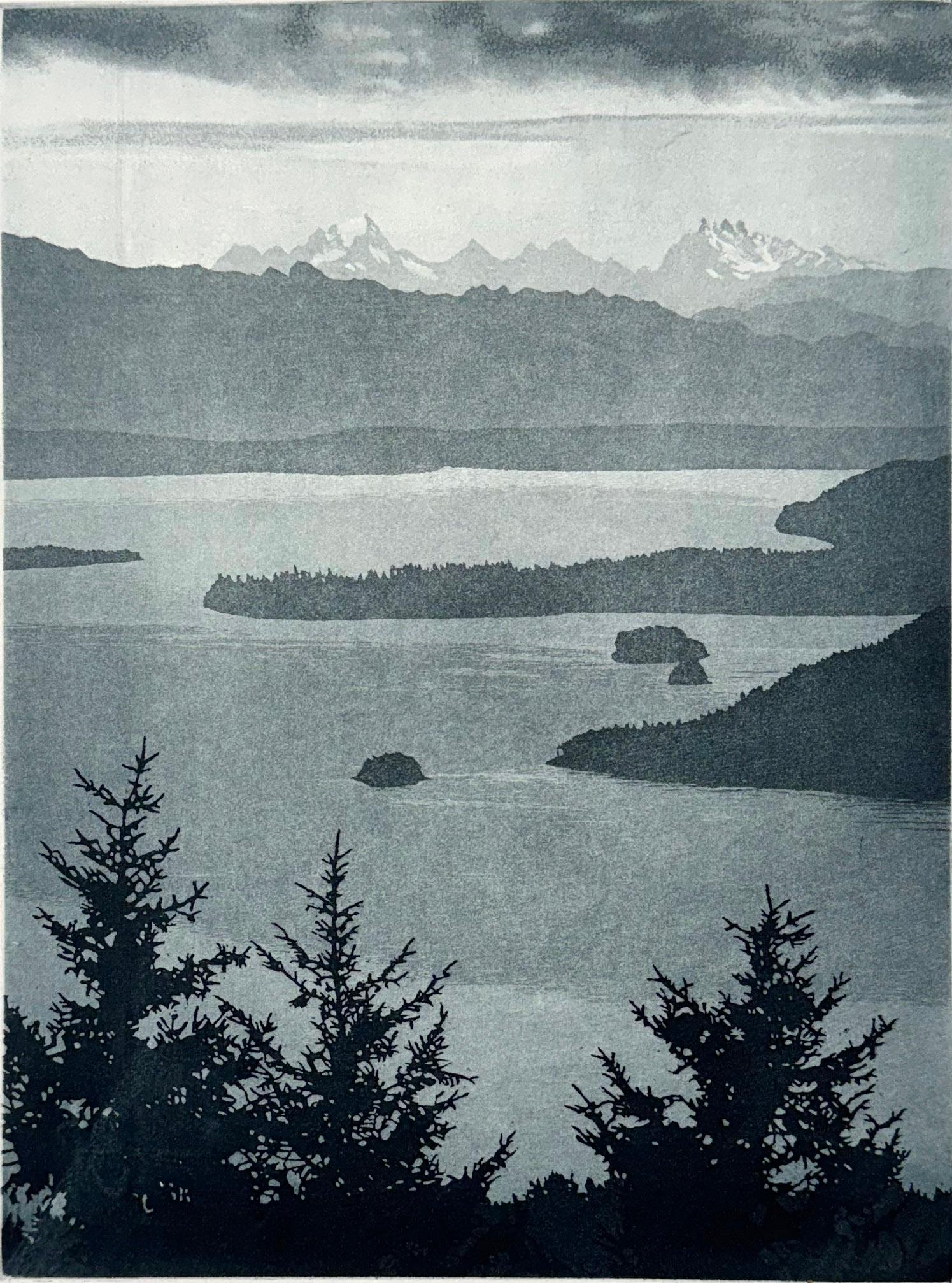 Signed, titled and numbered by the artist.
Etching and aquatint, 12 x 8.5 inches.

The view  east from Orcas Island and San Juan Island in Washington highlights the type of mountain landscapes and seascapes for which McMillan is so well known.

Born