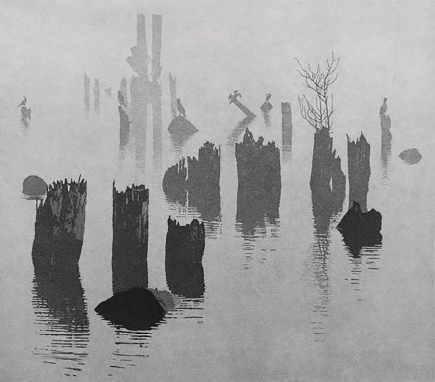 Gathering, foggy water front scene by Stephen McMillan