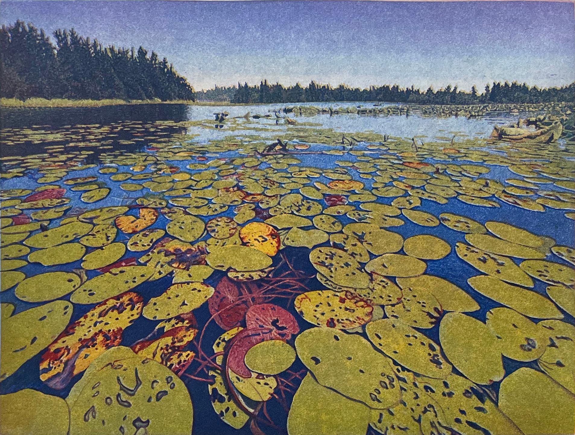 Signed, titled and numbered from the edition of 200.  Lily pads and the sky reflected in a quiet lake, inspired by canoe trip at Lake Terrell in Ferndale, Washington on a warm summer afternoon. 

Born in Berkeley, California, on December 21, 1949,