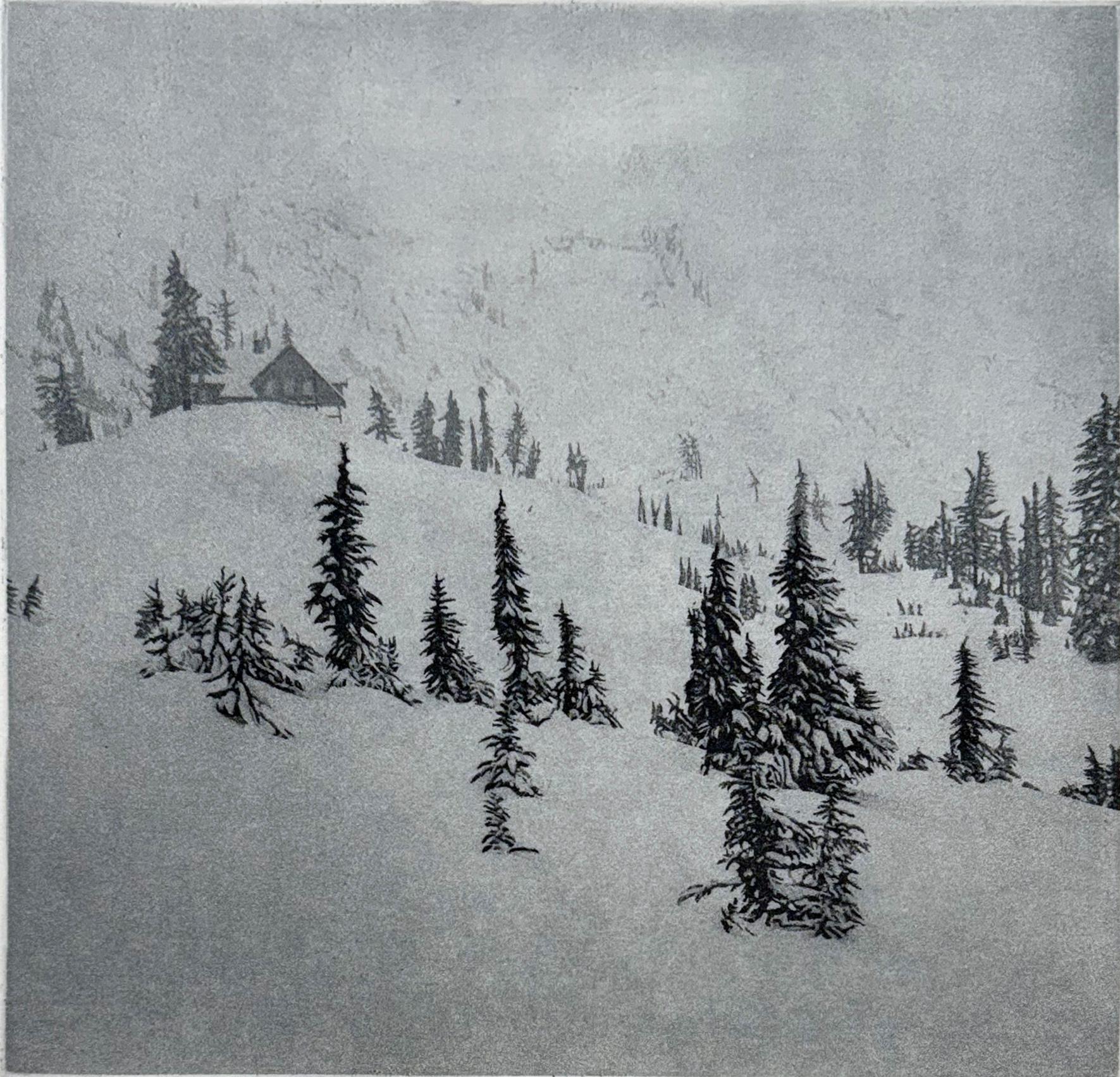 A mountain cabin obscured by mist on a snowy mountain top surrounded by trees. Based on a view of Heather Meadows, Mt Baker Ski Area, WA. Signed titled and numbered in pencil from the edition of 200.

Born in Berkeley, California, on December 21,