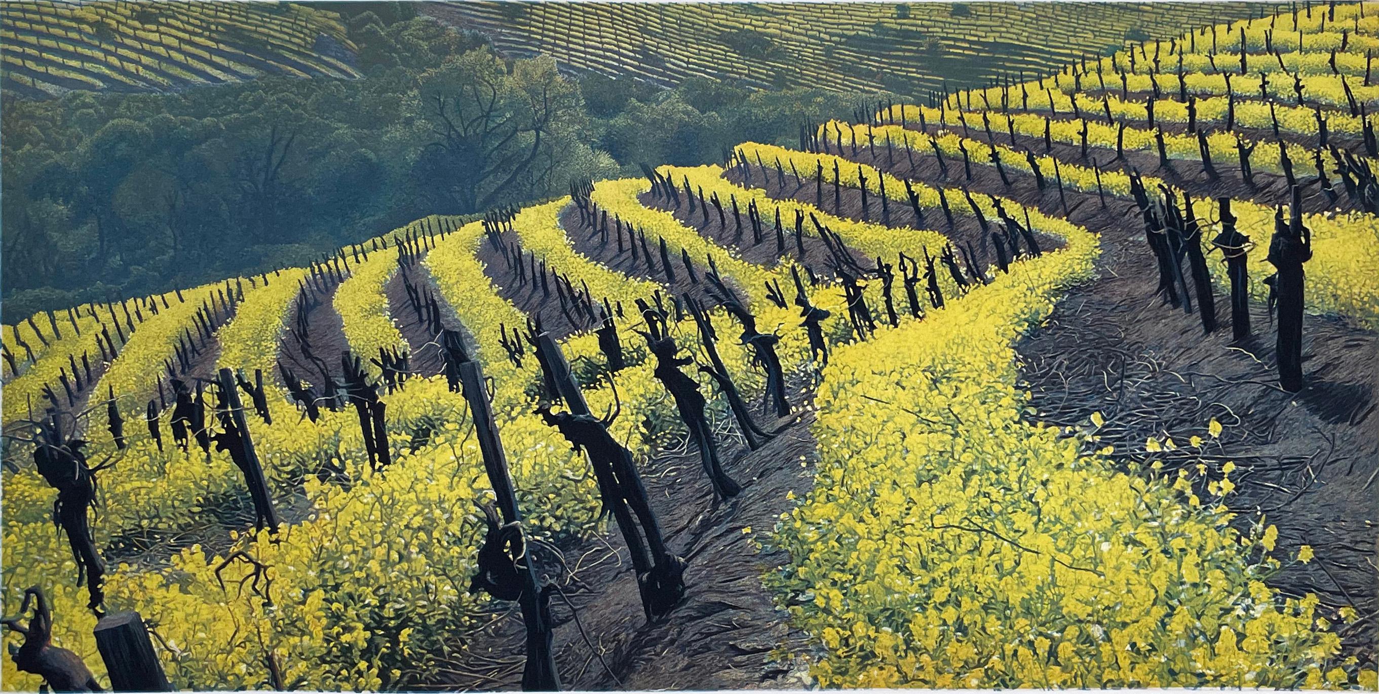 Signed and numbered etching and aquatint from the edition of 250.
By the end of February the the rows of still dormant grape vines are delineated by bright yellow mustard flowers. These vineyards are in the hills southwest of Napa.

Born in
