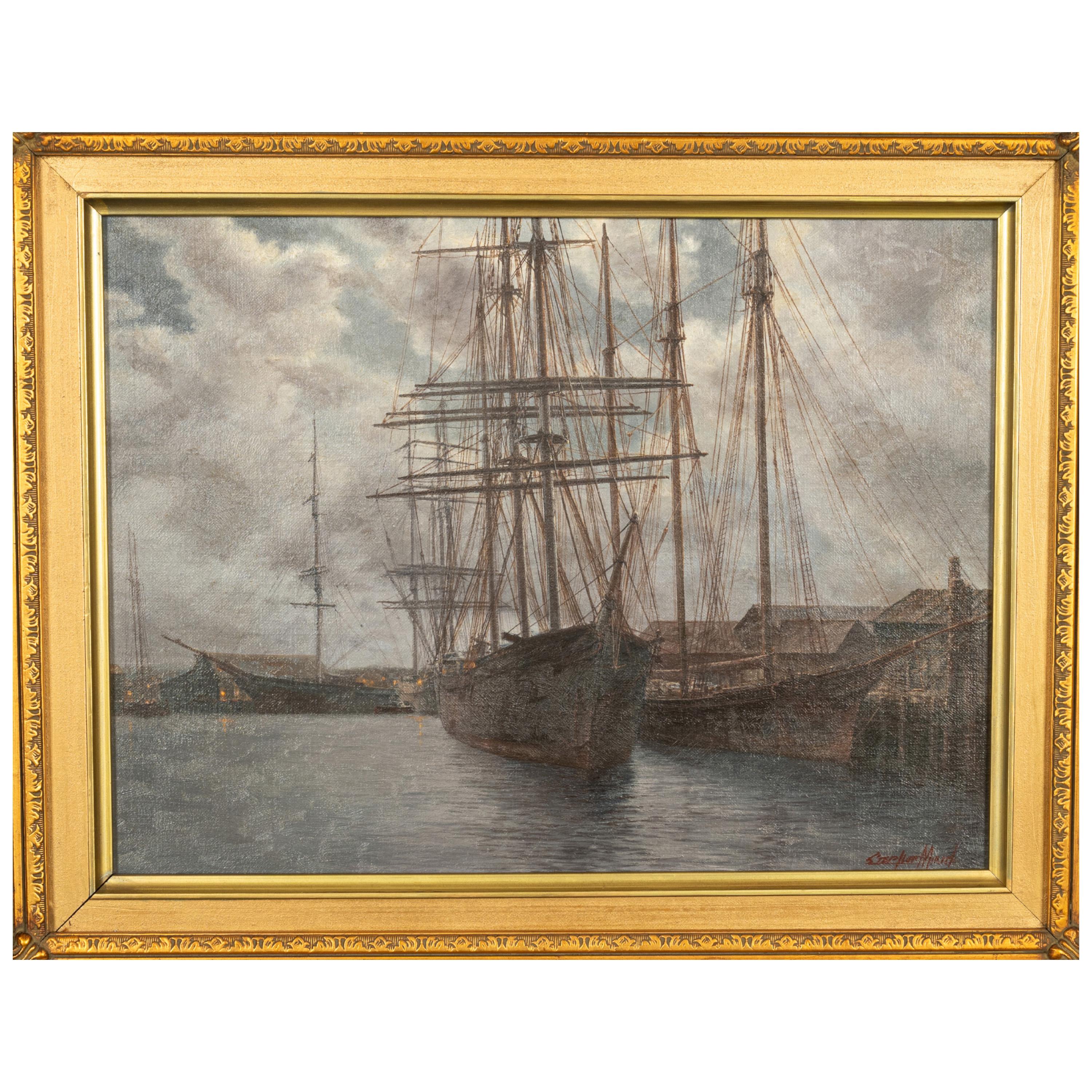 American Oil Canvas Nautical Marine Painting Sailing Ships in Harbor California - Brown Landscape Painting by Stephen Mirich