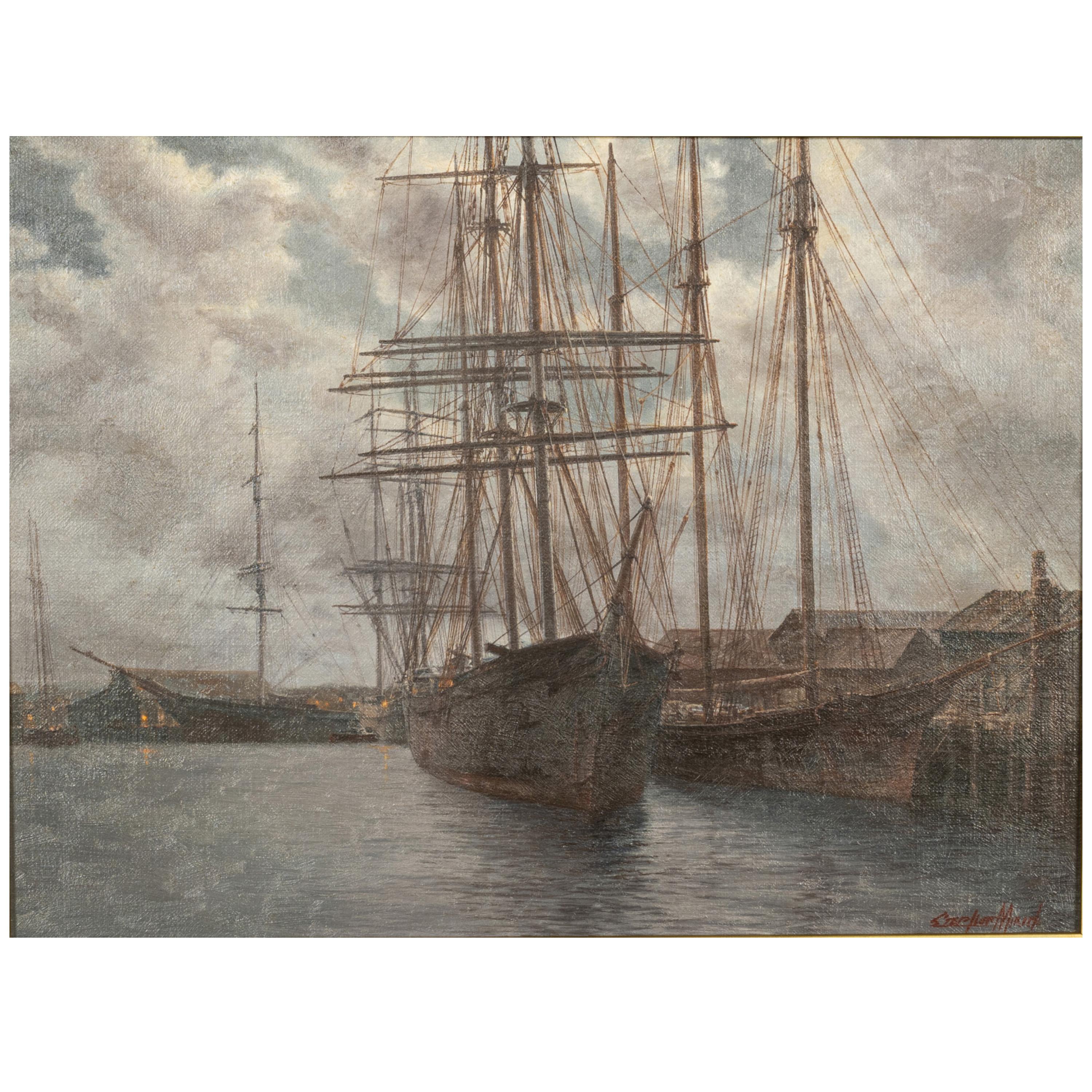 A good American nautical oil on canvas painting of ships in a harbor, by the celebrated California artist Stephen Mirich (b. 1954).
The painting depicts five tall sailing ships moored in a harbor wharf on an overcast day, the ships are surrounded by