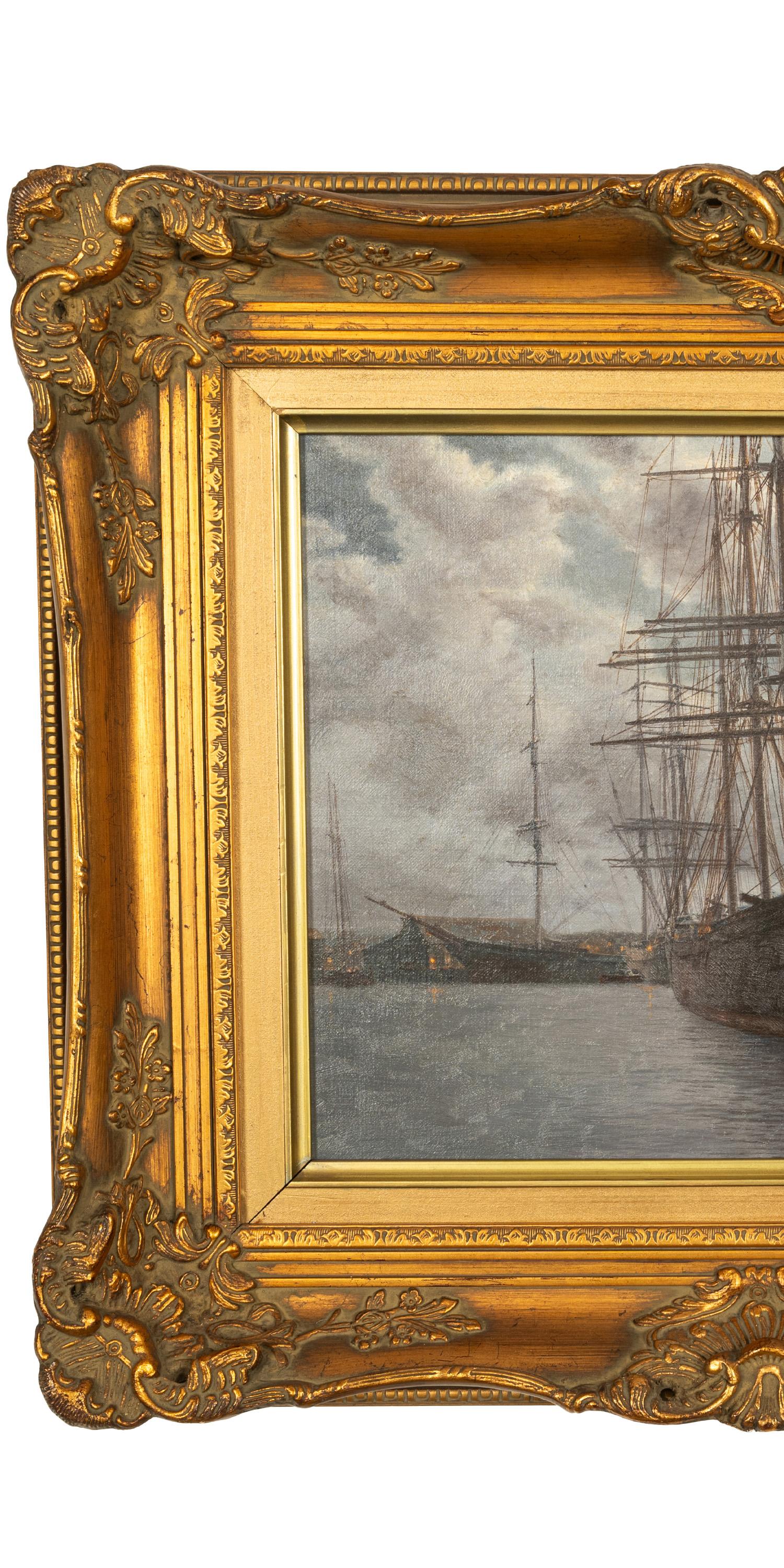 American Oil Canvas Nautical Marine Painting Sailing Ships in Harbor California 1