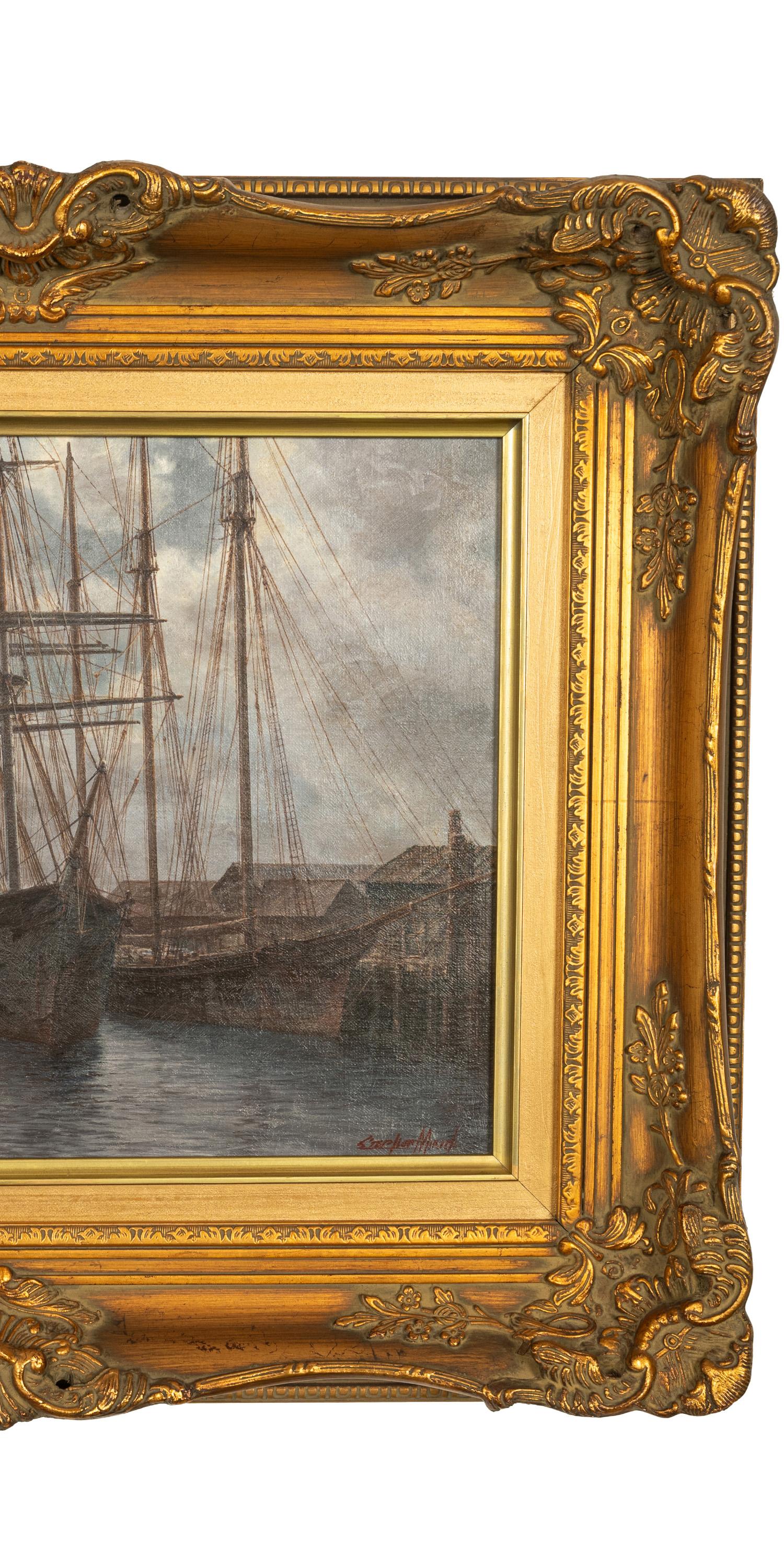 American Oil Canvas Nautical Marine Painting Sailing Ships in Harbor California 2