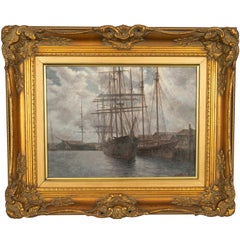 American Oil Canvas Nautical Marine Painting Sailing Ships in Harbor California