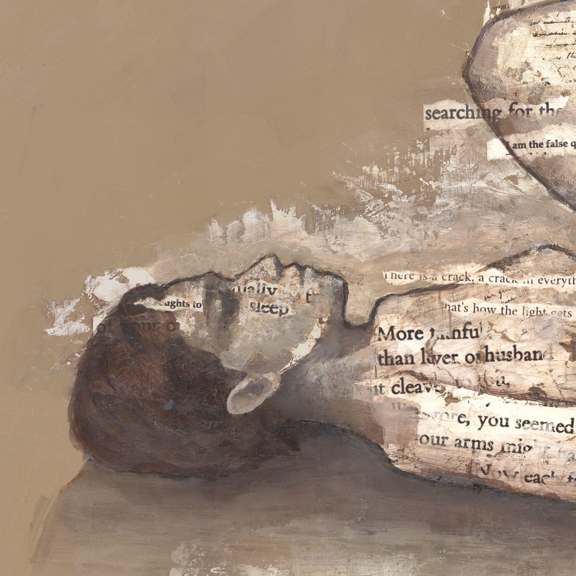 This is an original female figure painting, which I created by merging acrylic paint with a collage of printed poetry and lyrics. The figure symbolizes the questions of the human experience and the the ways in which light can seep into our being.   
