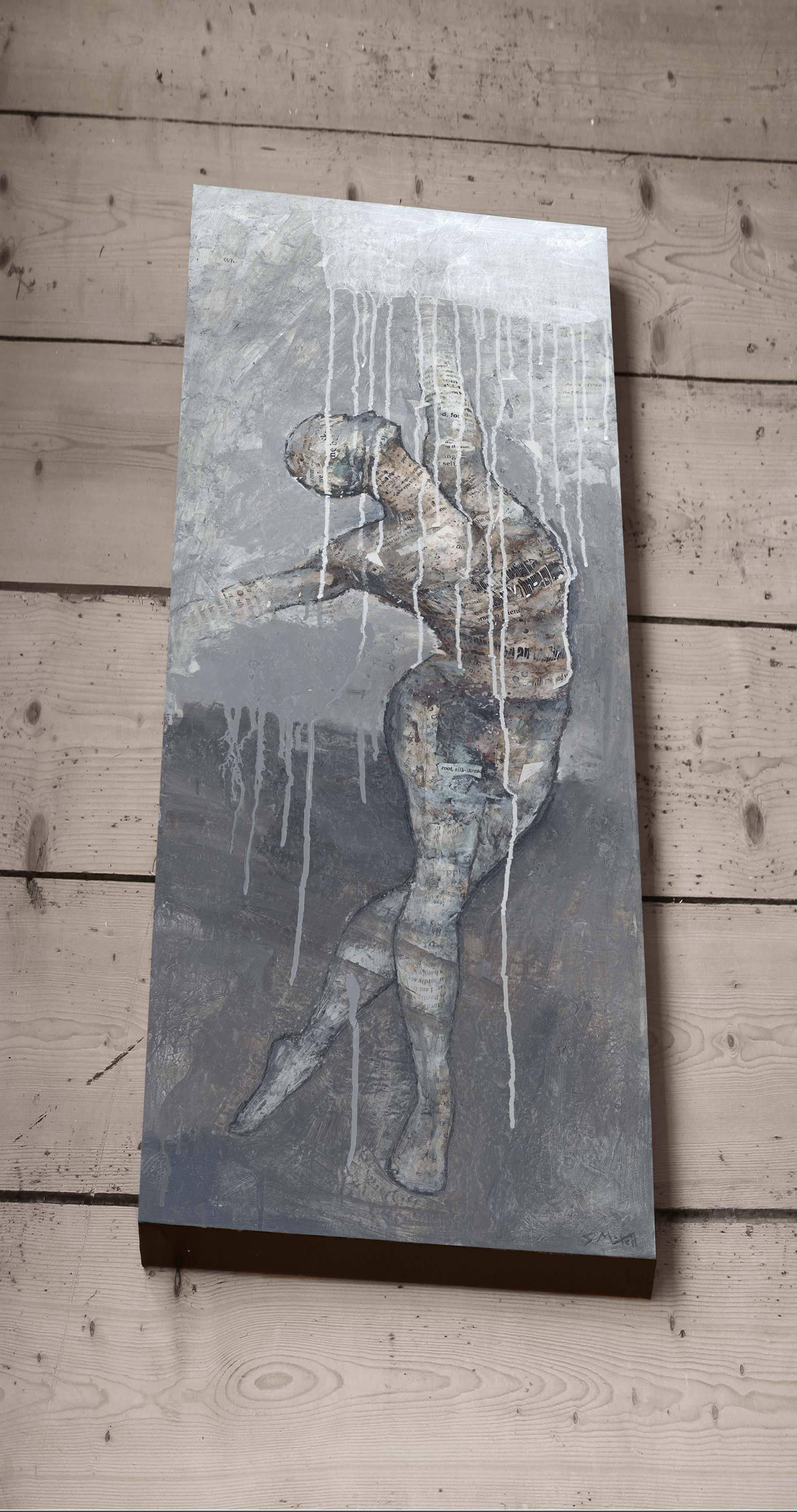 This is an original painting of a male figure. It is heavily textured, built up with layers of type, texture paste and acrylic paint. The body is filled with printed words of poetry, especially the poem 