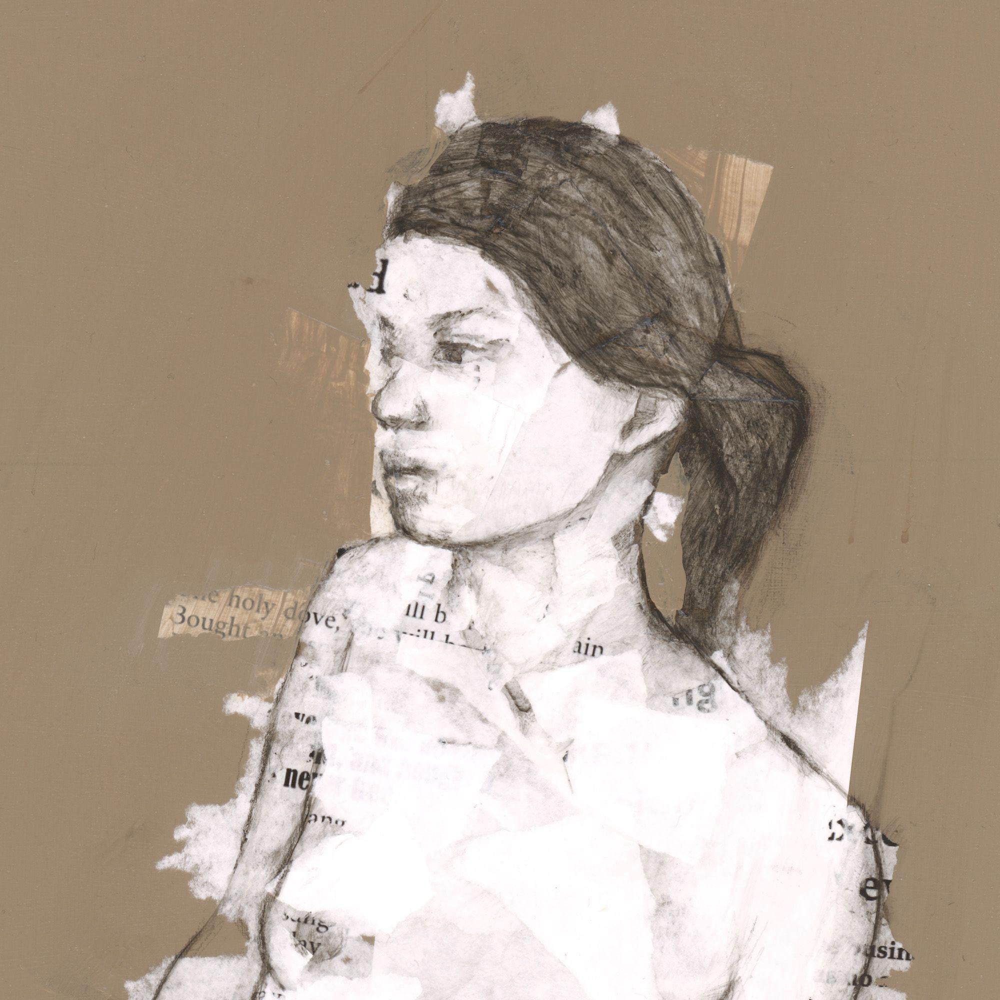 This is an original mixed media female figure drawing, which I crafted by building up layers of graphite pencil and paper collage. I love using paper as a medium - building it up to create highlights, tearing it away to reveal layers beneath, using