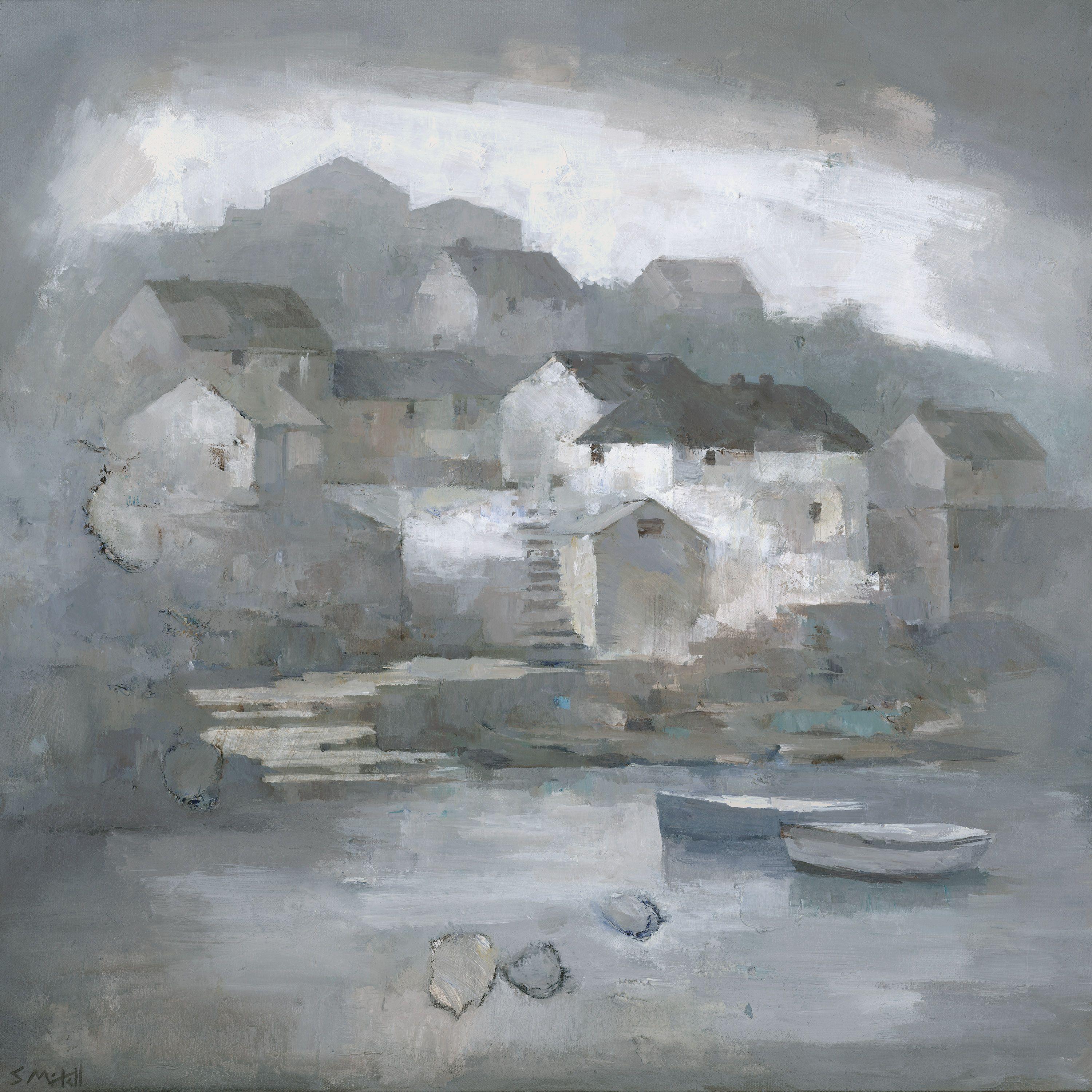 This is an original painting of Coverack harbour, Cornwall. I painted this with interesting textures, and a soft, muted palette of white, grey and blue, giving the impression of a dream or memory.    It is painted on deep profile stretched canvas.