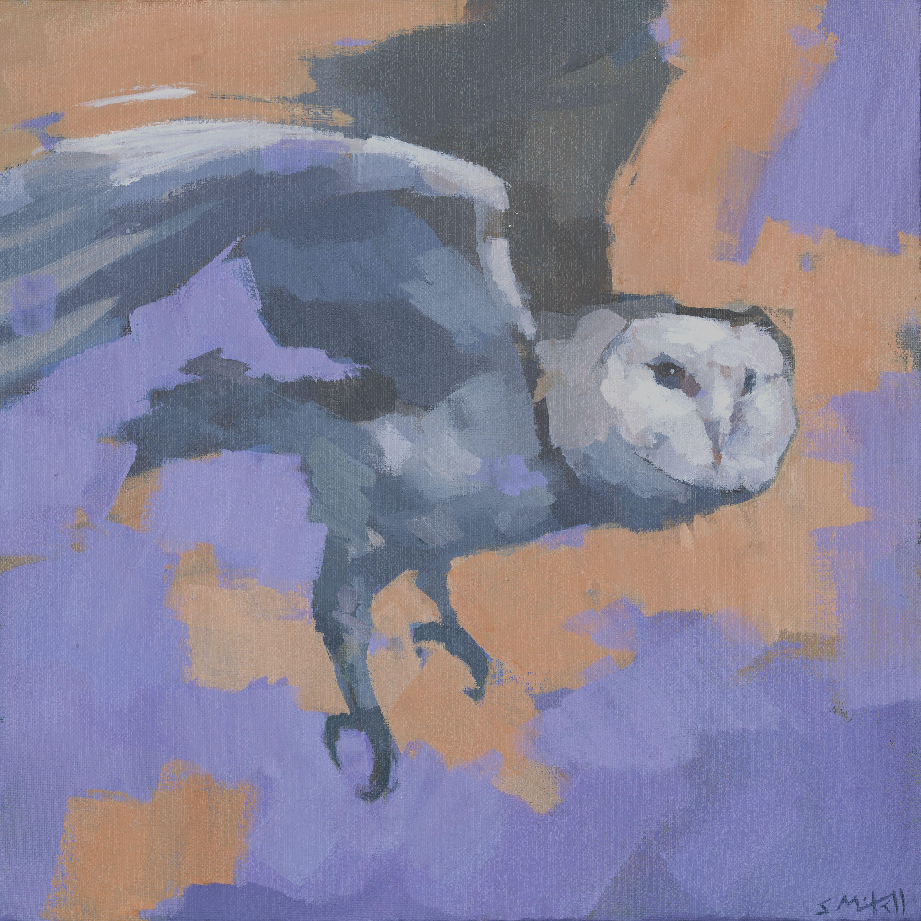 This is an original, one of a kind painting of a barn owl in flight. It is painted in an expressive style, with contrasting colours of muted purple and burnt orange.    It is painted on 3mm canvas panel, and is framed in a white, deep profile wooden