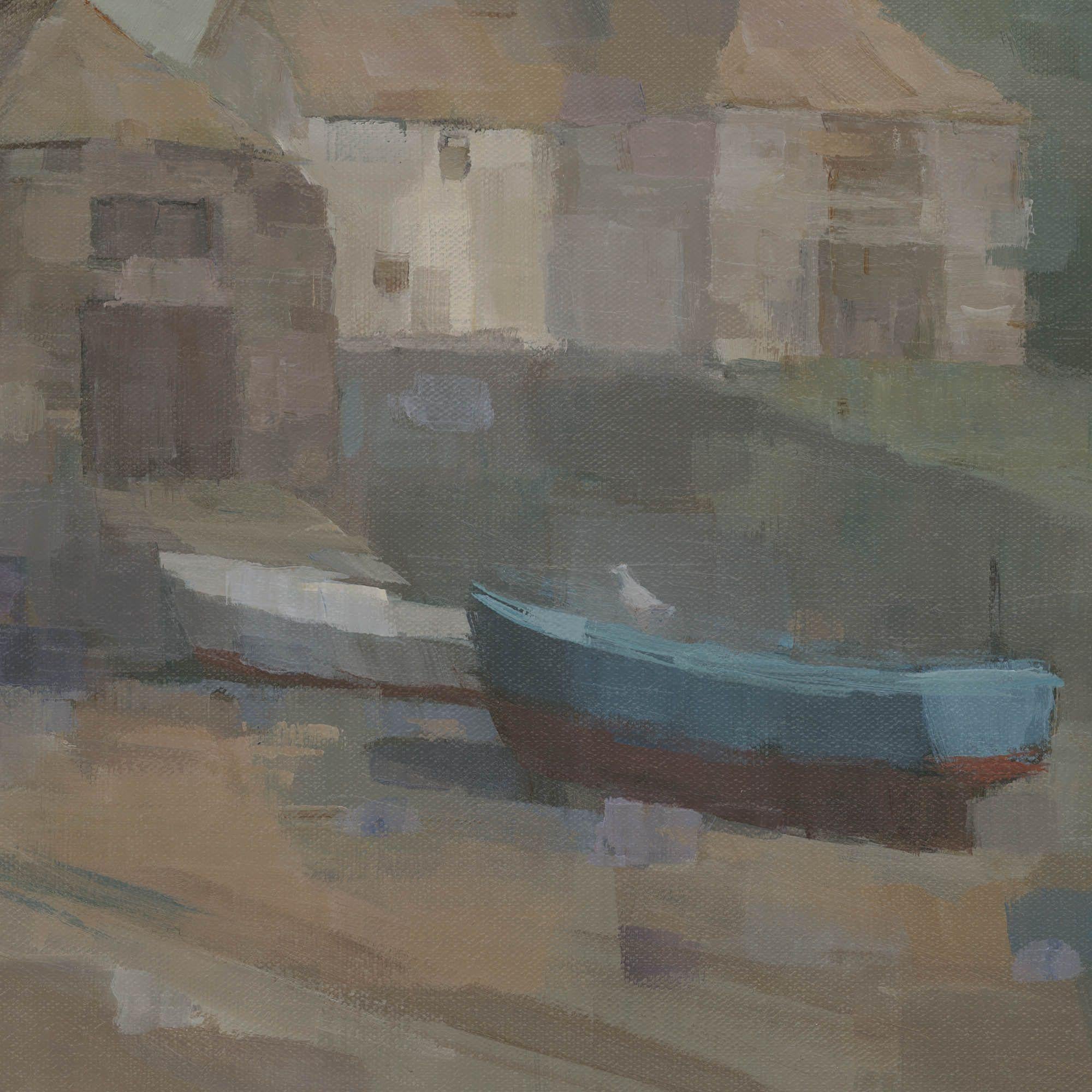 Il s'agit d'une peinture originale de la plage de pêche de Cadgwith. La vue montre le hangar à bateaux, le hangar à treuil et l'auberge de Cadgwith Cove. J'ai peint ce tableau dans une palette apaisante de tons terre d'ombre et ocre.    Elle est