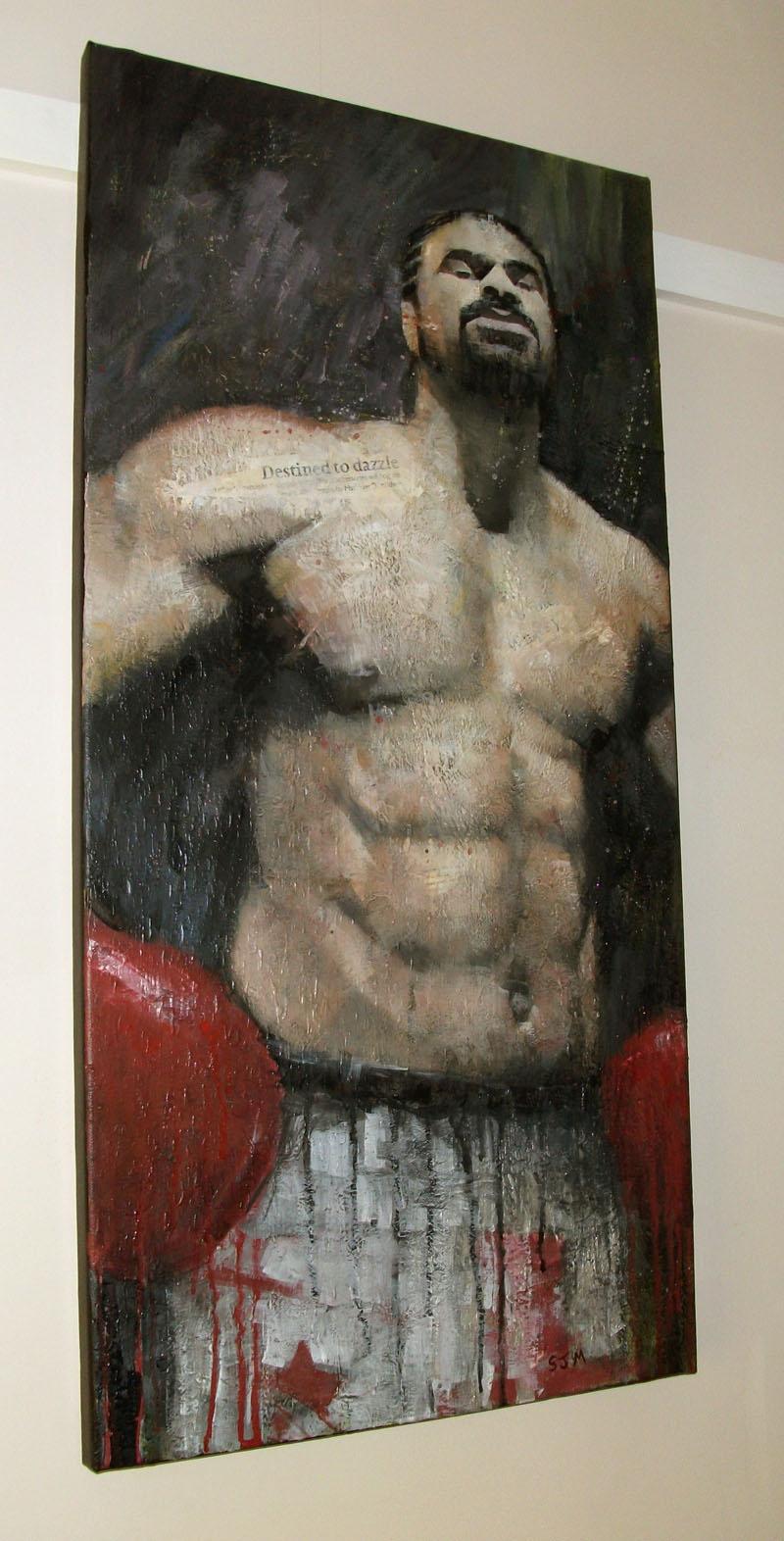 Original painting of British heavyweight boxer David Haye. A dramatic, expressive painting with lots of texture.    It is painted on canvas, stretched and mounted on a standard 2cm deep frame, with the sides painted black. The painting is varnished