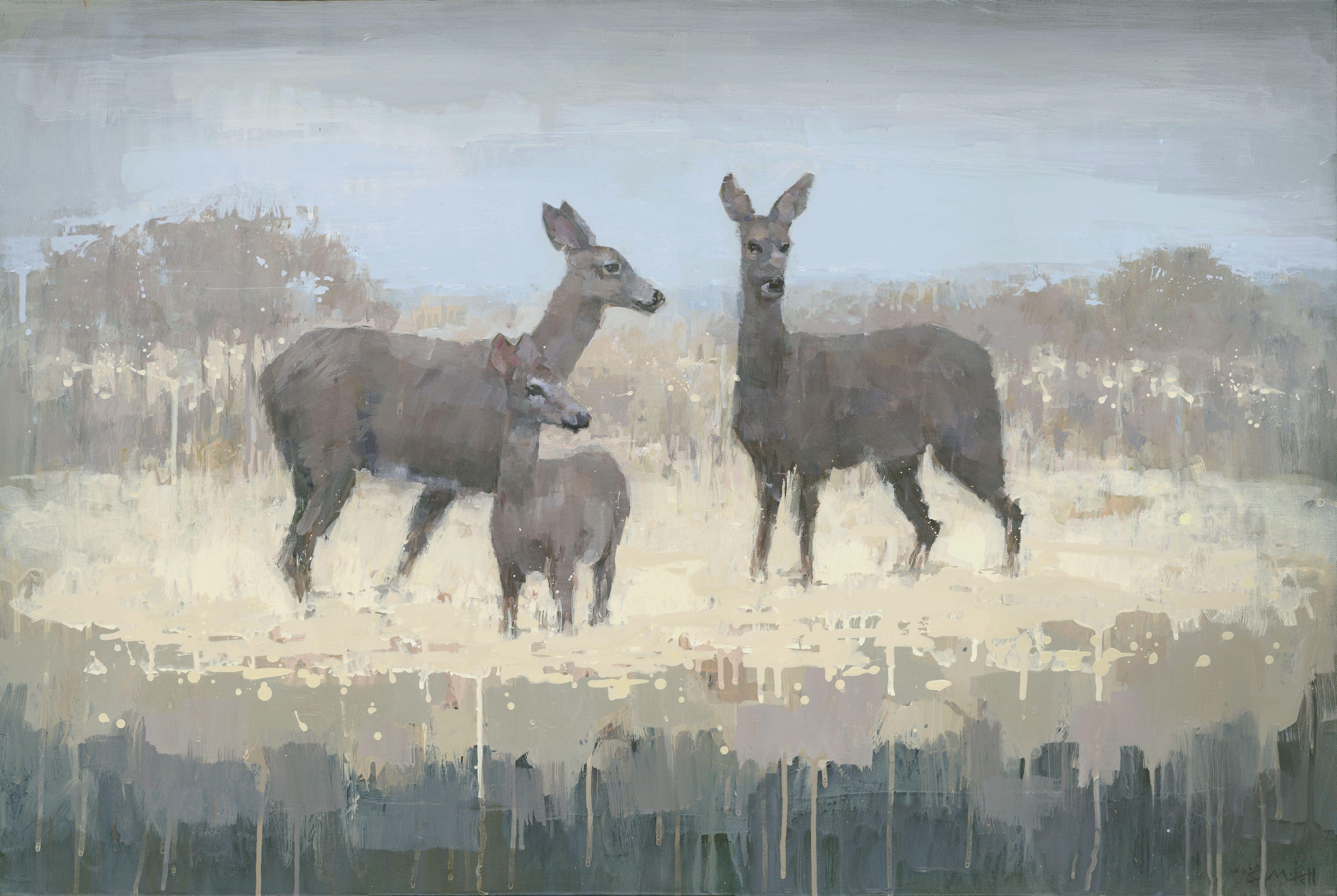 Stephen Mitchell Animal Painting - Deer Family in a Field of Yellow, Painting, Acrylic on Canvas