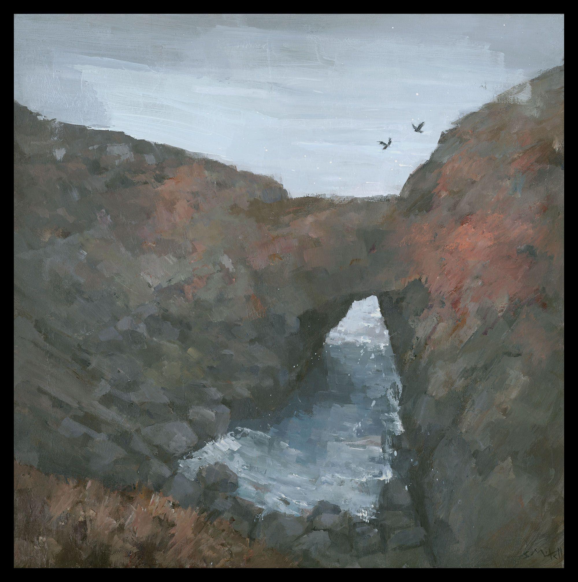This is an original painting of The Devils Frying Pan, near Cadgwith. The Devils Frying Pan was formed when a sea cave collapsed, leaving just the arch. When the weather is especially rough, the sea appears to be bubbling and boiling, which is how