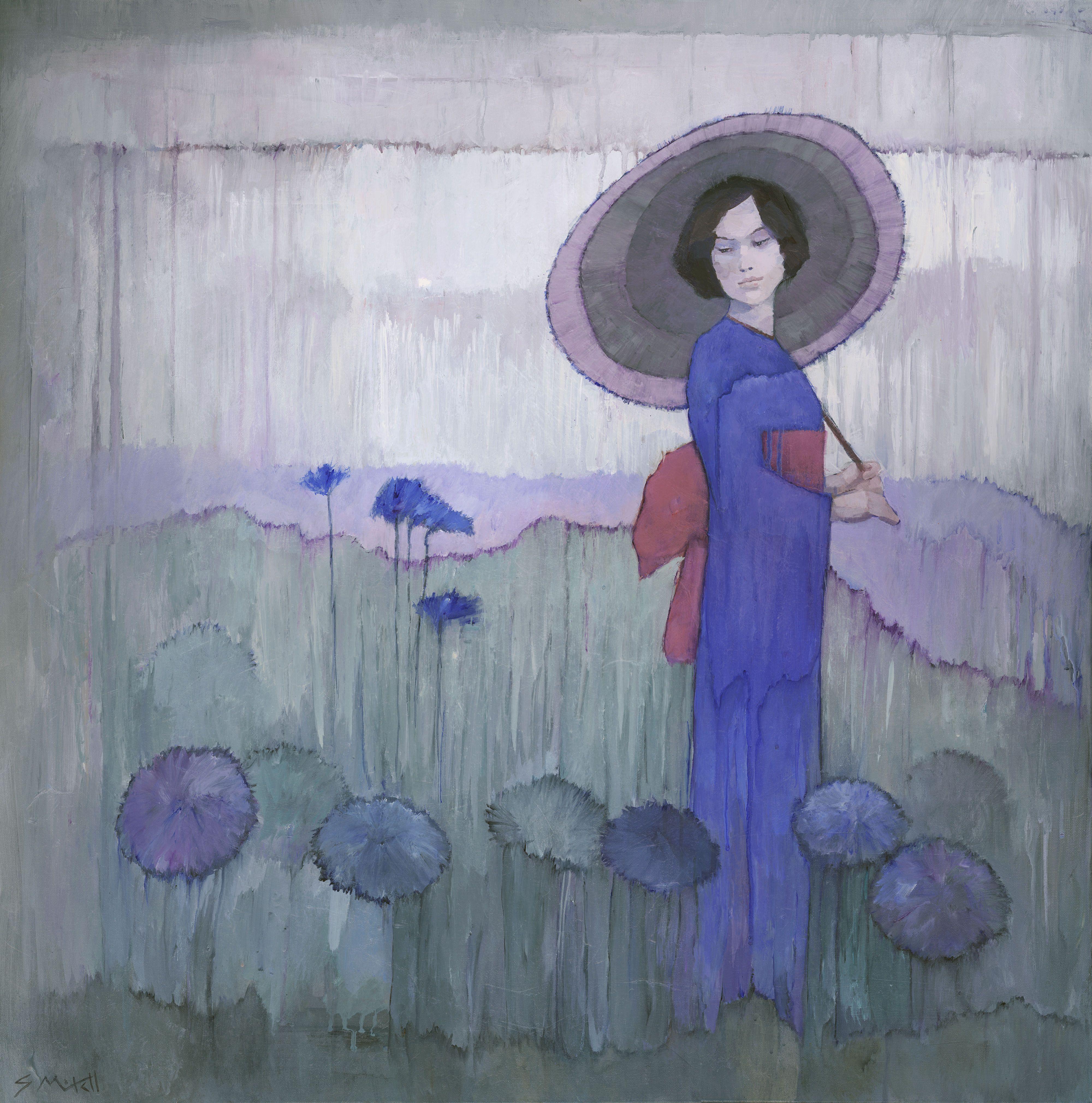 This is an original painting of a Japanese lady dressed in a Kimono walking through a garden. I was influenced by elements of Japanese art as well as the poetic symbolist artists. The painting has a melancholic but peaceful mood, with a muted purple