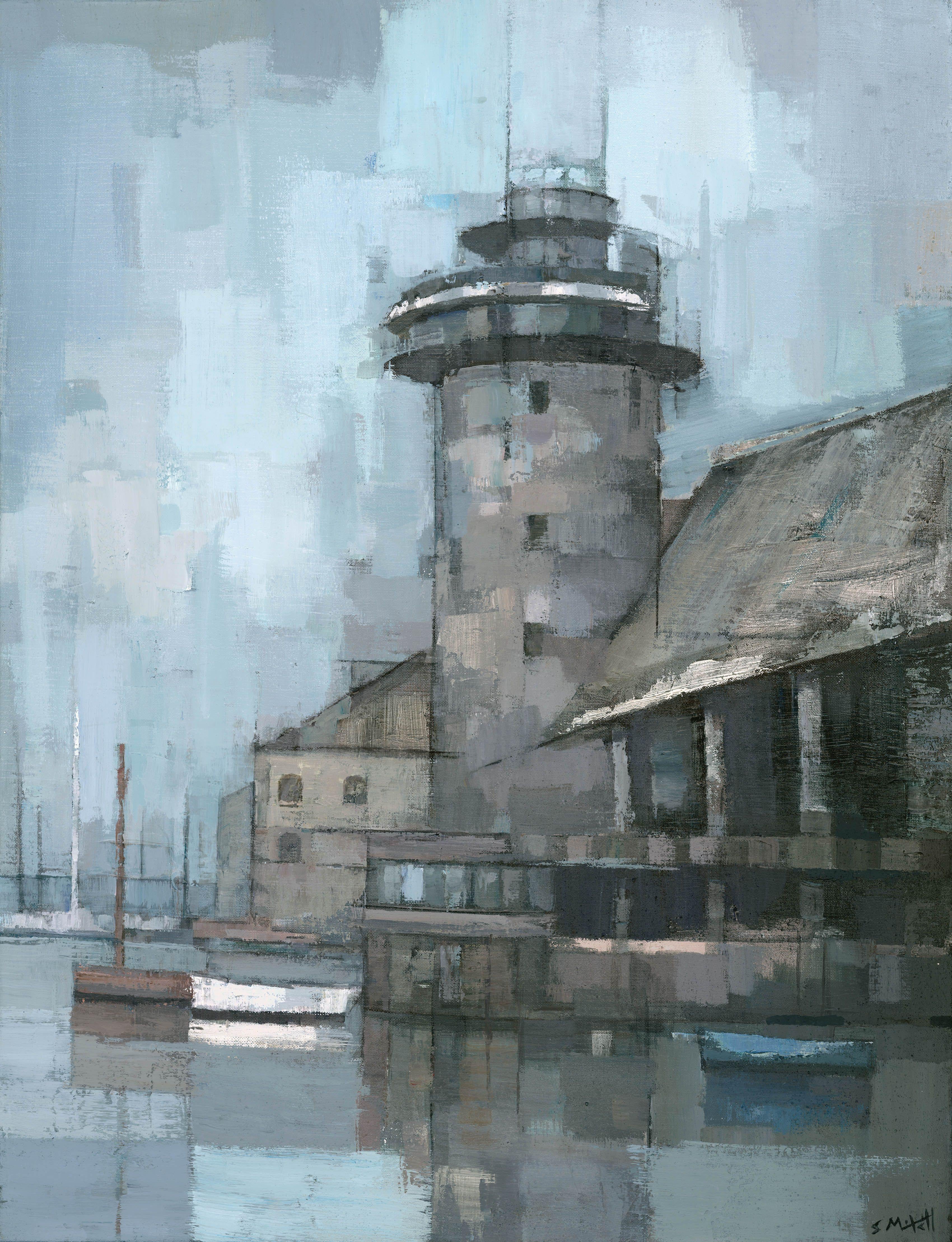This is an original painting of Falmouth Maritime Museum, Cornwall, UK. I've captured a view of the lighthouse surrounded by the harbour boats. It is painted in a semi abstract style, capturing the atmosphere of the harbour on a tranquil misty day. 