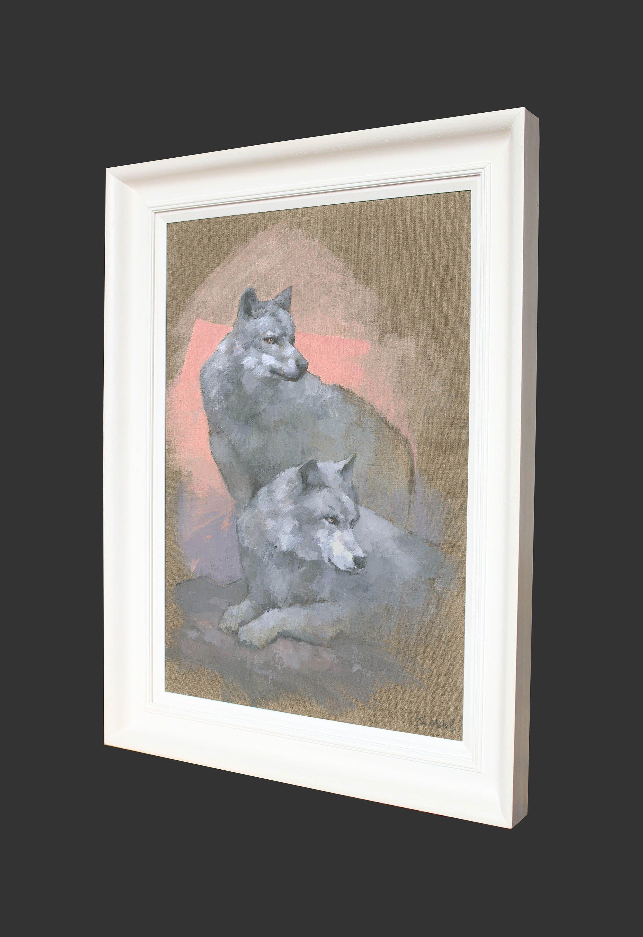 Il s'agit d'une peinture originale d'un couple de loups gris, regardant attentivement quelque chose qui a attiré leur attention. Peint sur un panneau de toile de lin naturel, que j'ai laissé transparaître par endroits pour qu'il fasse partie de la