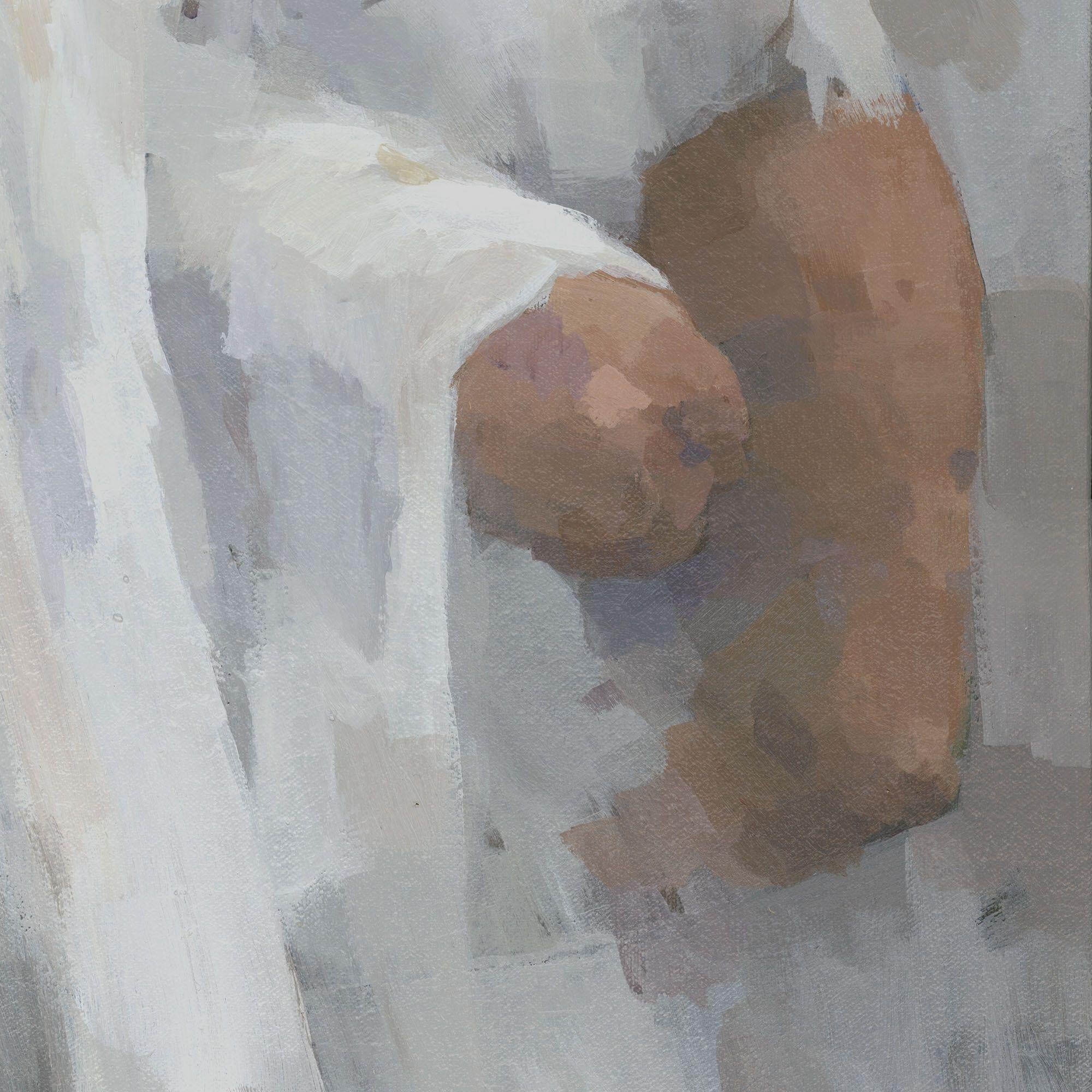 Cette peinture de figure féminine dépeint le modèle dans un état éthéré de libération ou d'évasion. J'ai utilisé une palette harmonisée de blancs, de bruns et de gris. La peinture est sur une toile à profil profond, les côtés de la toile étant