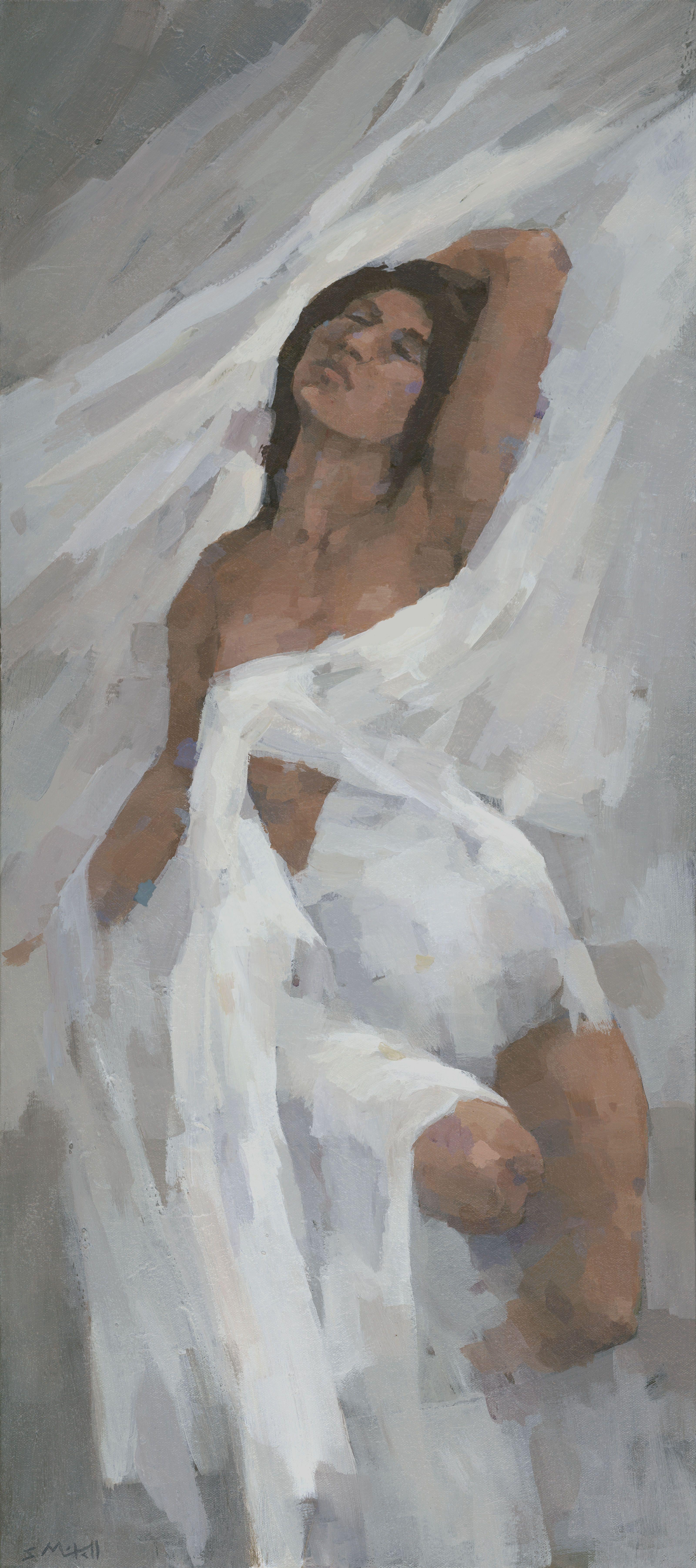 This female figure painting portrays the model in an ethereal state of release or escape. I used a harmonizing palette of whites, browns and greys. The painting is on deep profile canvas, with the sides of the canvas painted a light grey to match