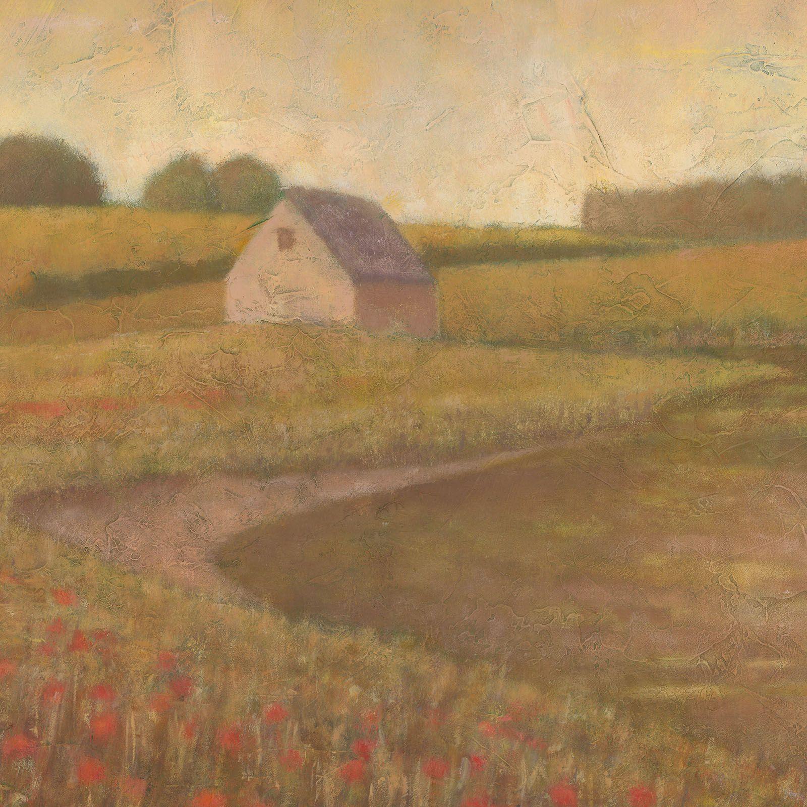 Il s'agit d'une peinture originale à l'acrylique sur carte représentant un champ de coquelicots au bord d'un lac, peinte avec une palette de tons chauds et subtils.     Il est vendu dans un cadre en bois foncé et épais. : : Peinture : :