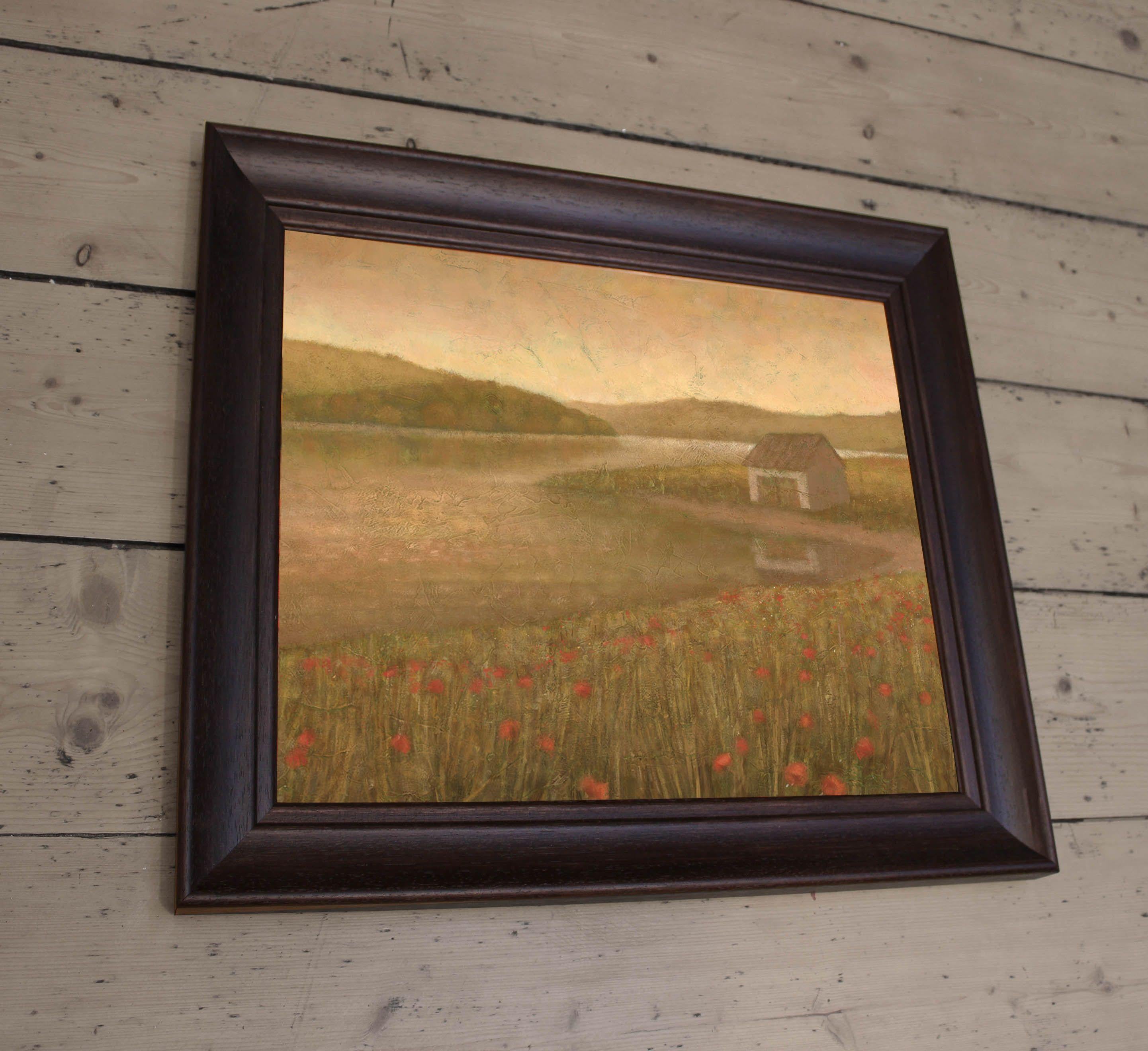 This is an original acrylic on card landscape painting of a lakeside poppy field, painted with a palette of warm, subtle tones.     It is framed in a dark mahogany, chunky wooden frame, as pictured.   :: Painting :: Impressionist :: This piece comes