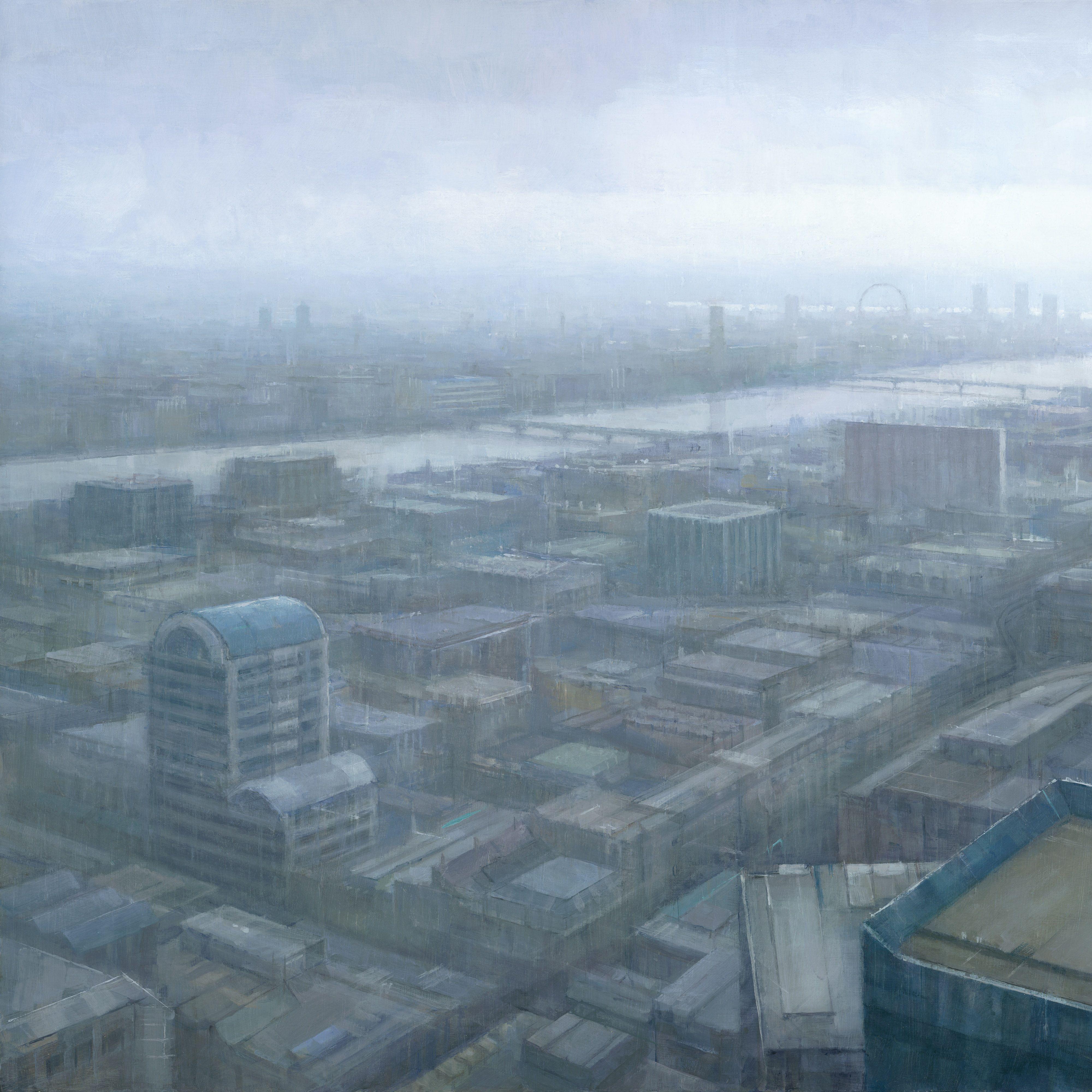 This is an original London cityscape painting, capturing the London skyline on a misty, atmospheric day. It captures the Thames, Tate Modern and London Eye in the distance. Painted in a palette of muted blues, greys and browns.    It is framed in a