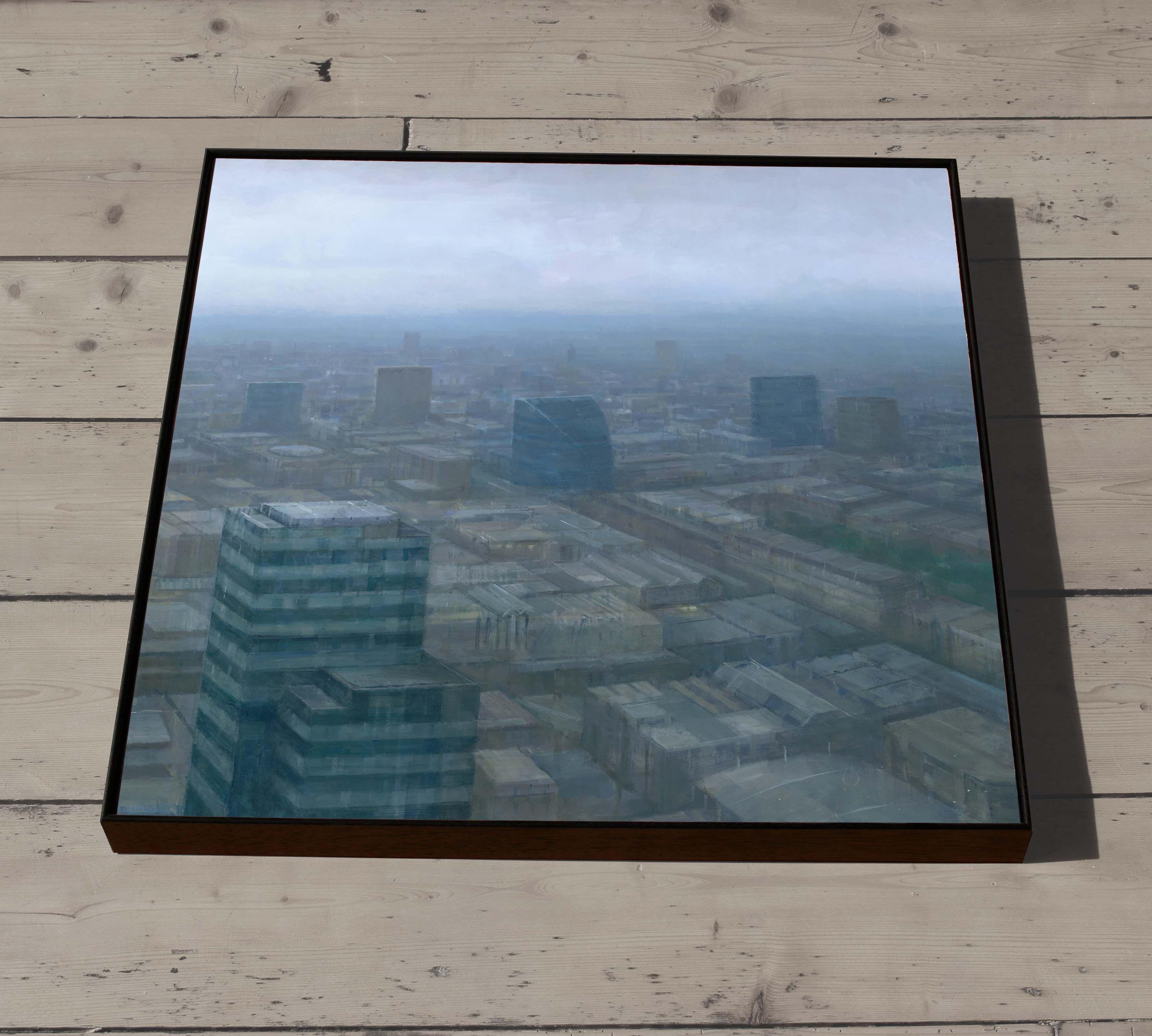 This is an original London cityscape painting, capturing the London skyline on a misty, atmospheric day. Painted in a palette of muted blues, greys and browns.    It is framed in a deep profile, black wooden frame. :: Painting :: Contemporary ::