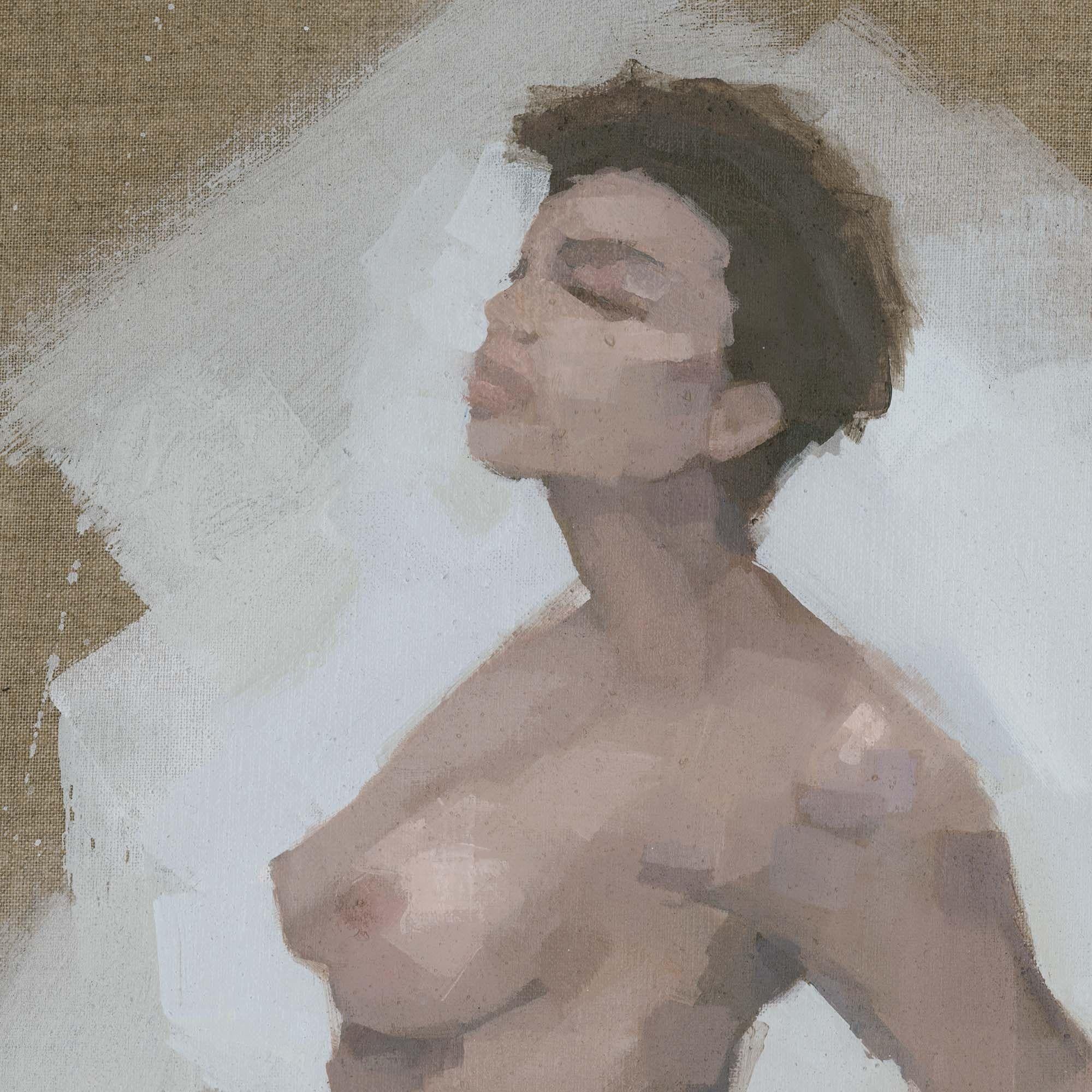 Se trata de un cuadro original de desnudo femenino, pintado en un estilo expresivo. Gran parte del lienzo de lino natural se deja sin pintar para que forme parte del cuadro.    Está pintado sobre lienzo de perfil profundo y listo para colgar ::