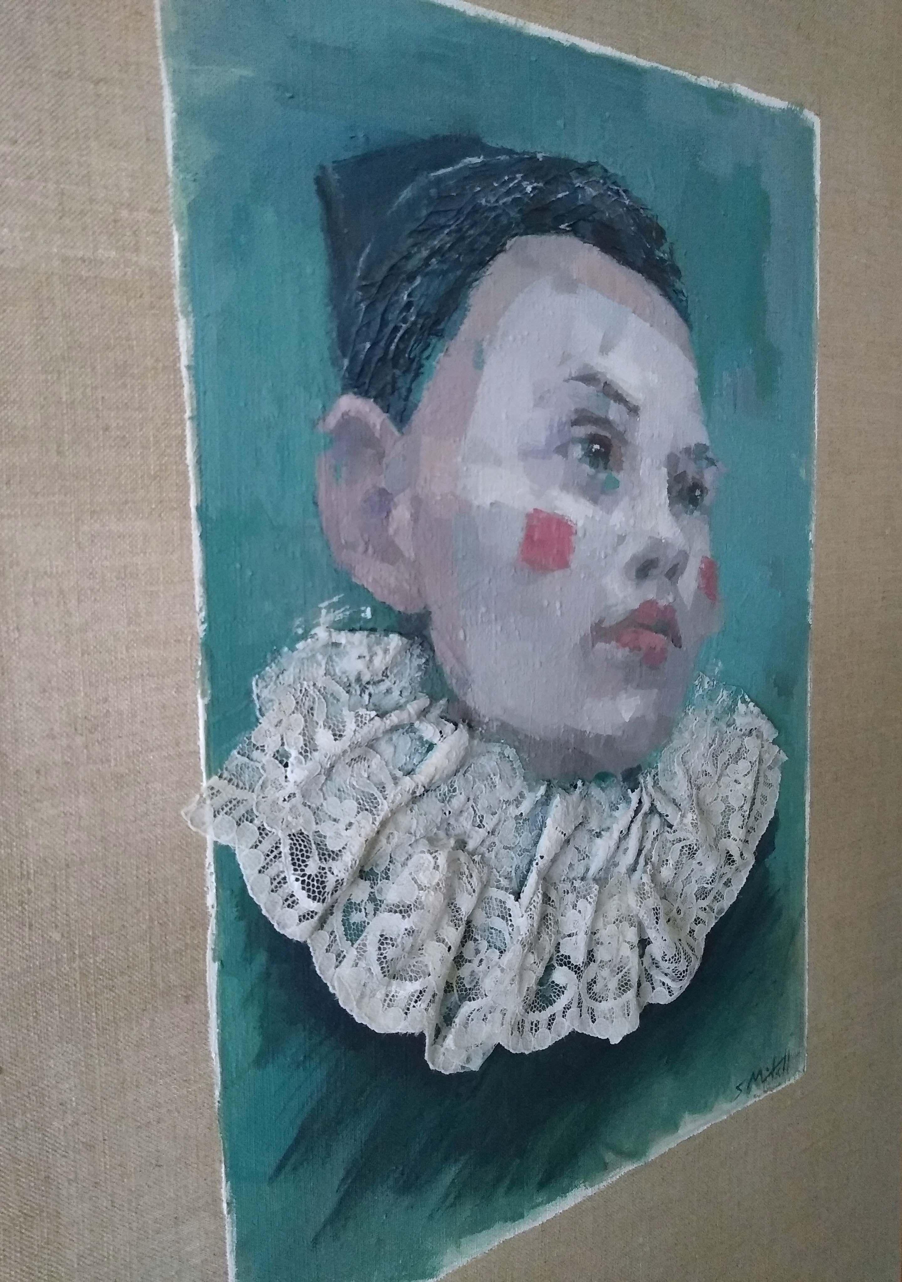Porträt einer Pierrette, Gemälde, Acryl auf Leinwand im Angebot 1